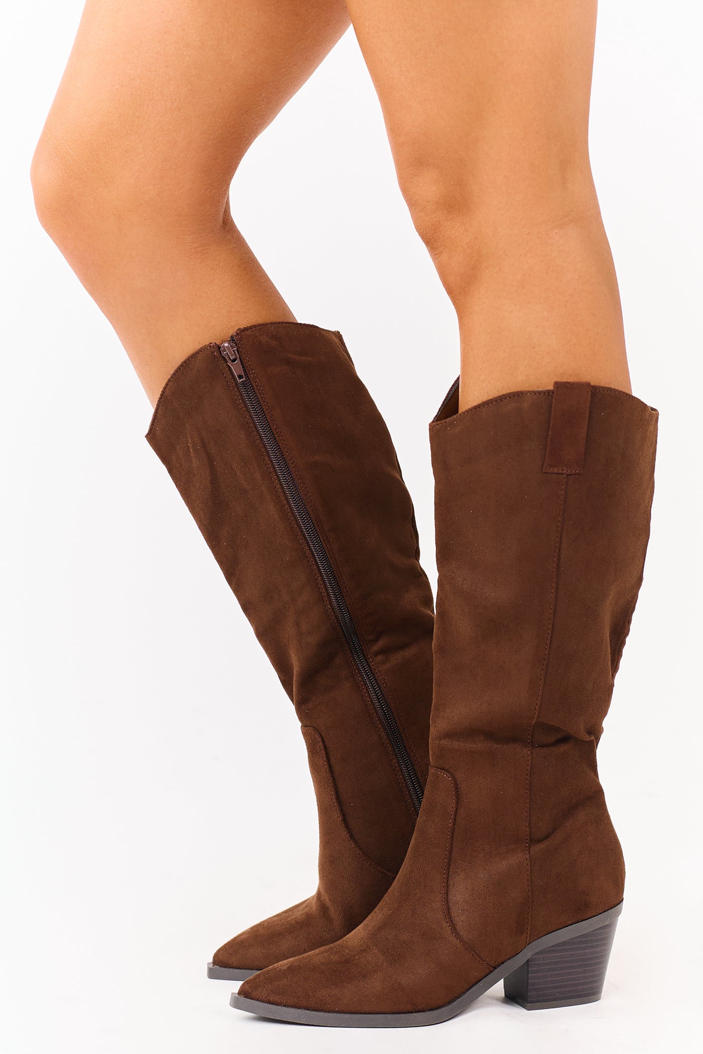 Walnut Faux Suede Block Heel Pointed Toe Tall Boots