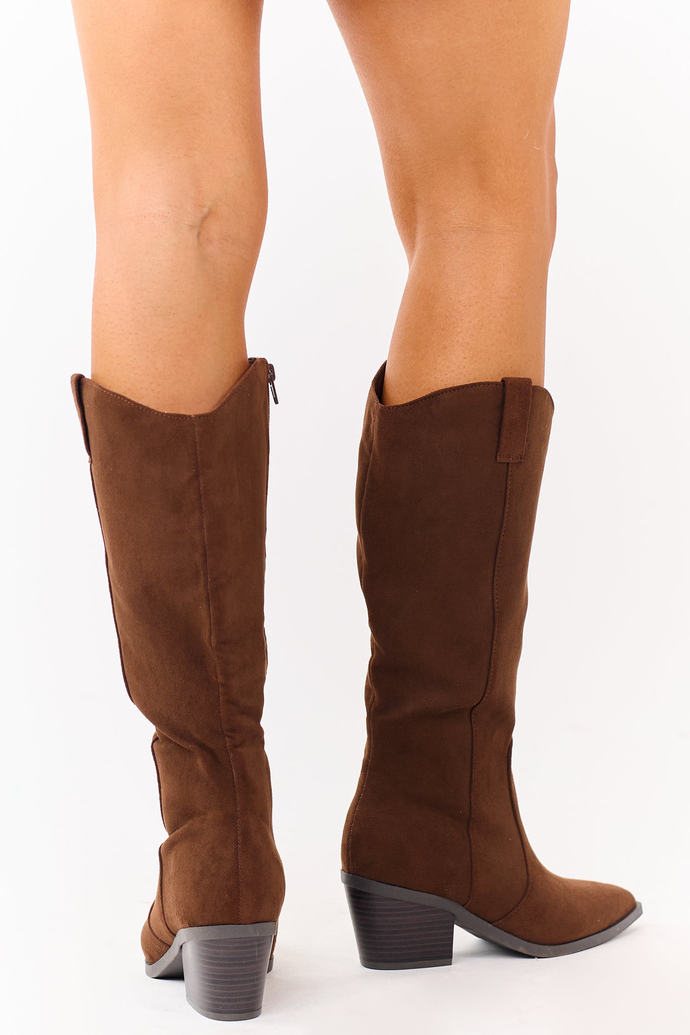 Walnut Faux Suede Block Heel Pointed Toe Tall Boots