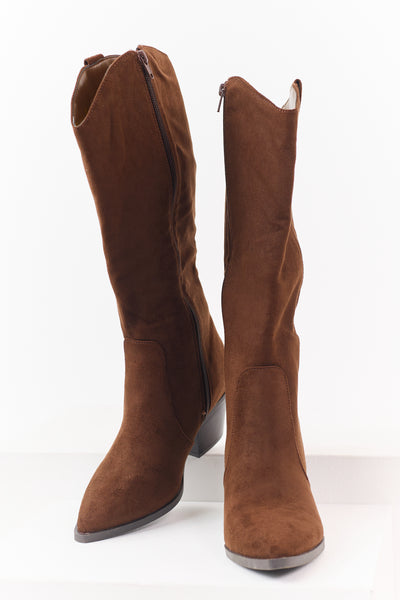 Walnut Faux Suede Block Heel Pointed Toe Tall Boots