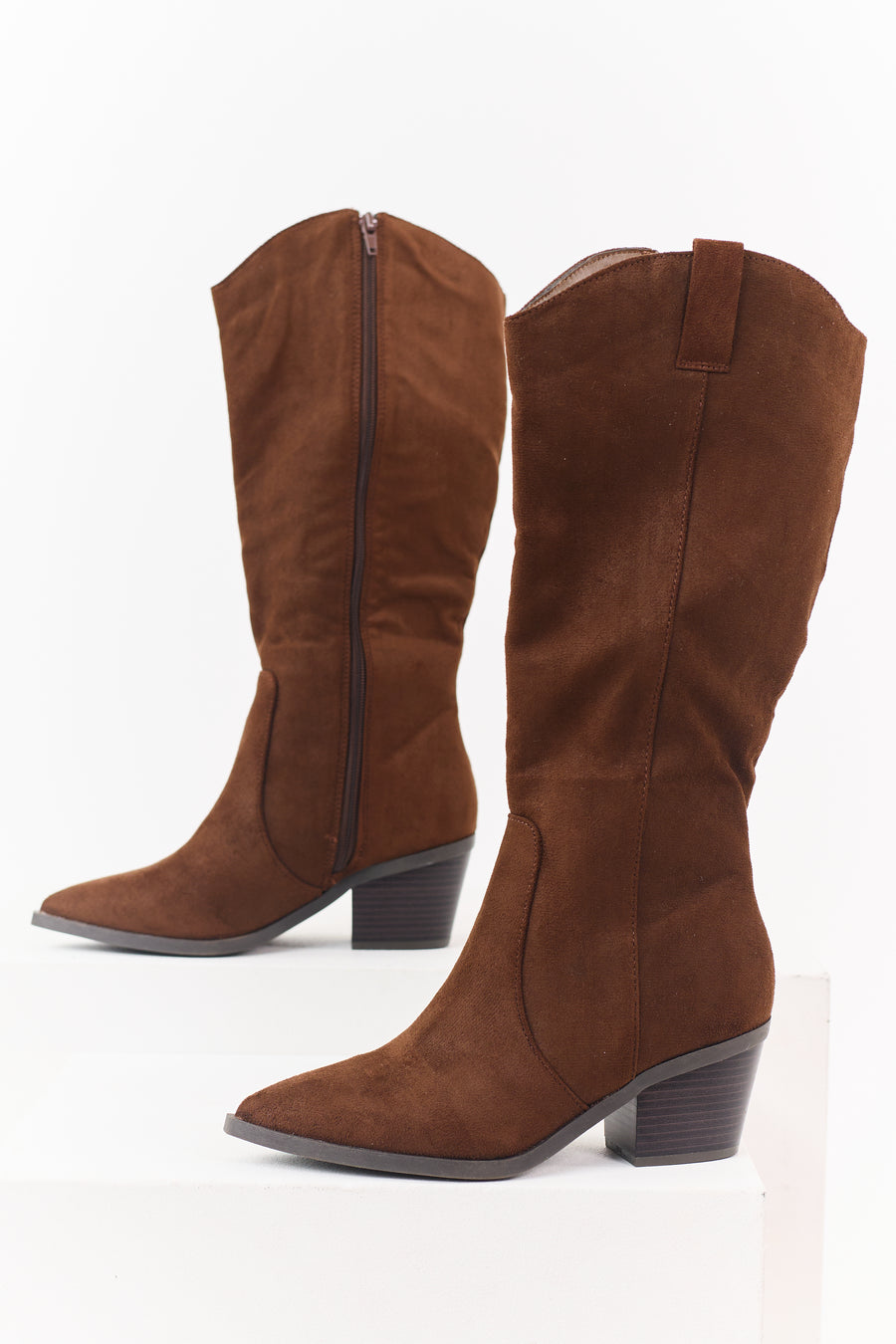 Walnut Faux Suede Block Heel Pointed Toe Tall Boots