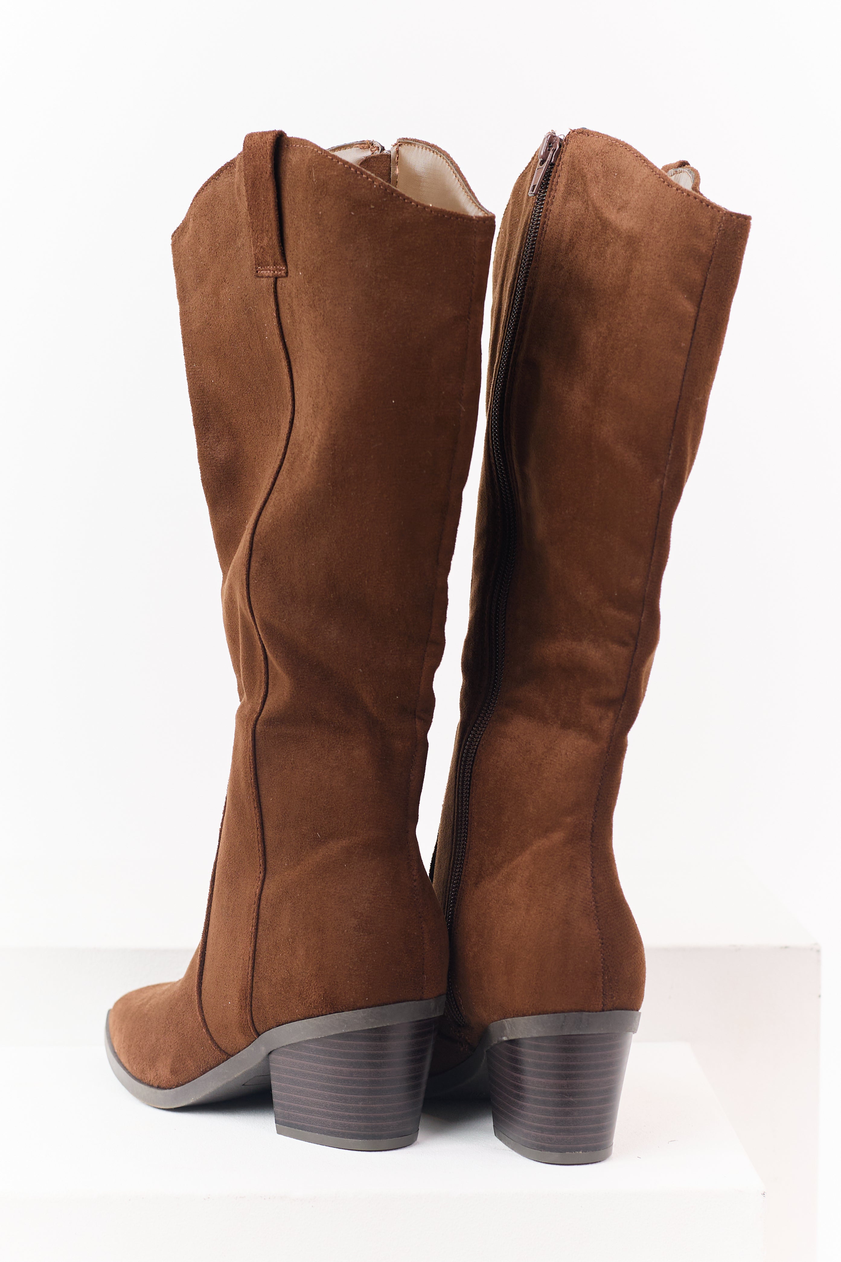 Walnut Faux Suede Block Heel Pointed Toe Tall Boots