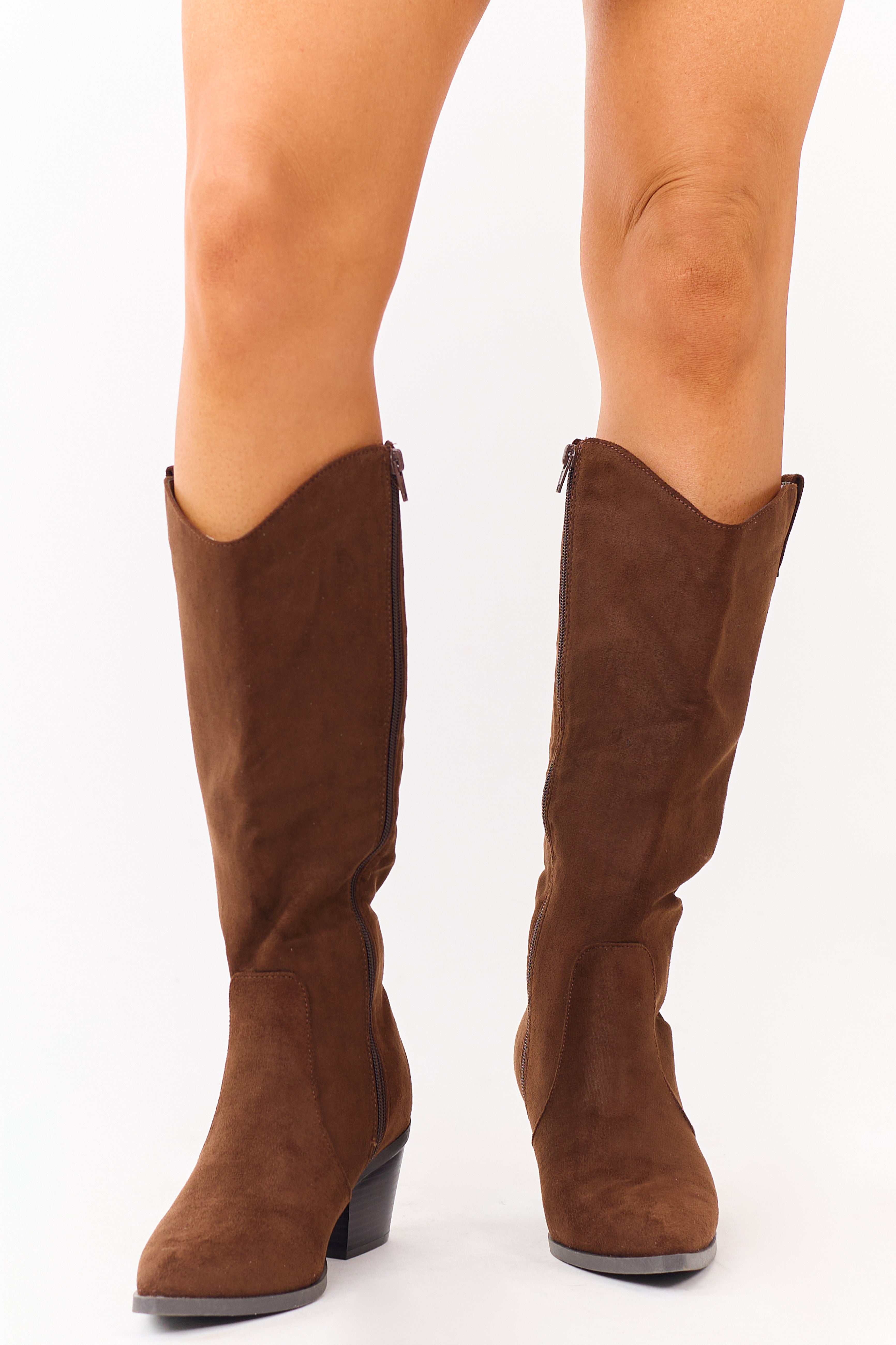 Walnut Faux Suede Block Heel Pointed Toe Tall Boots