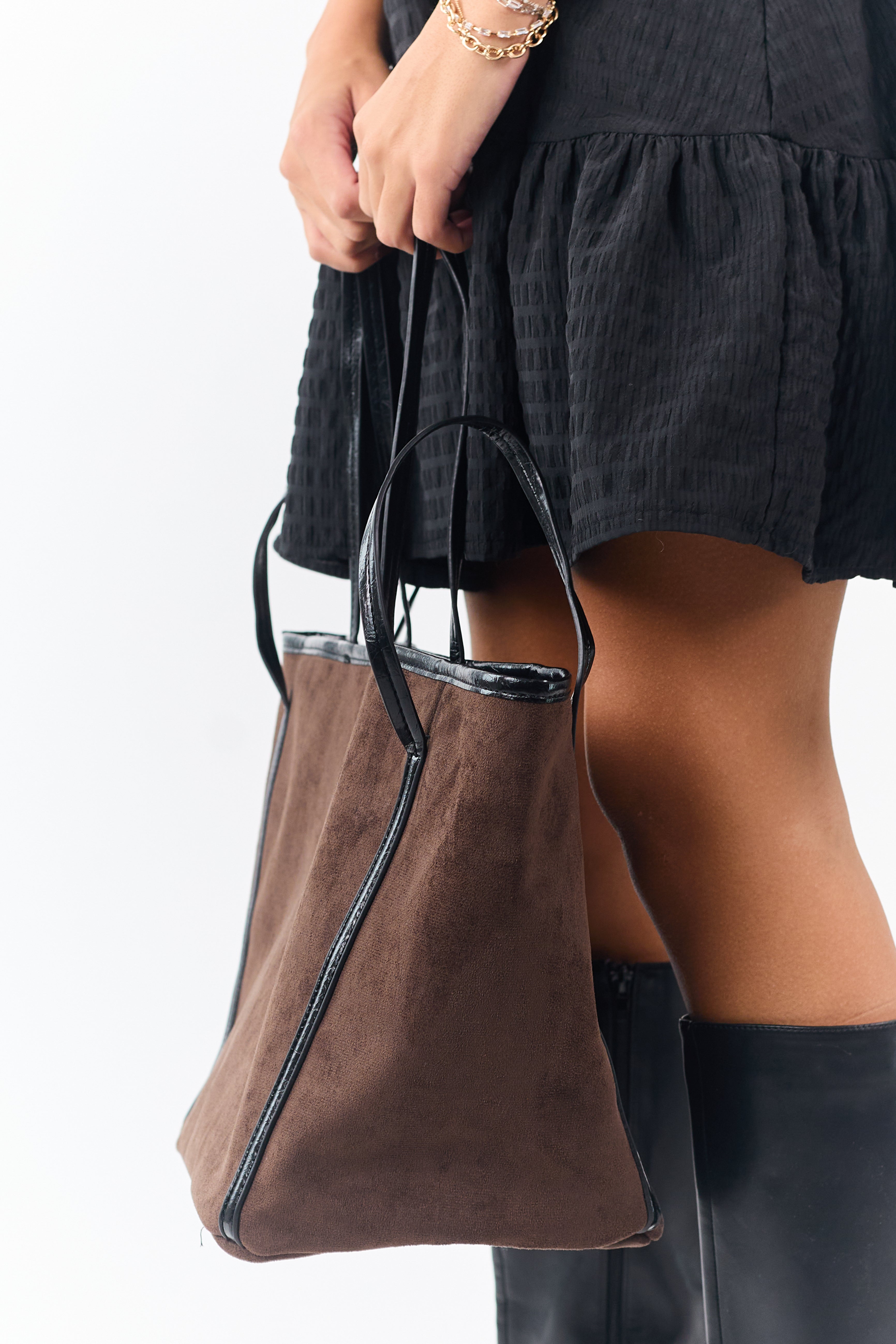 Walnut Faux Suede Contrast Strap Tote Bag | Lime Lush Boutique