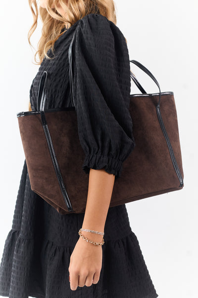Walnut Faux Suede Contrast Strap Tote Bag