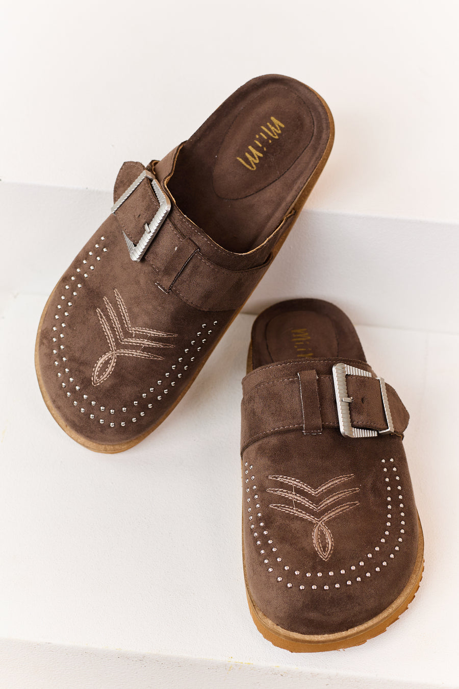 Walnut Faux Suede Studded Clog Mule Flats