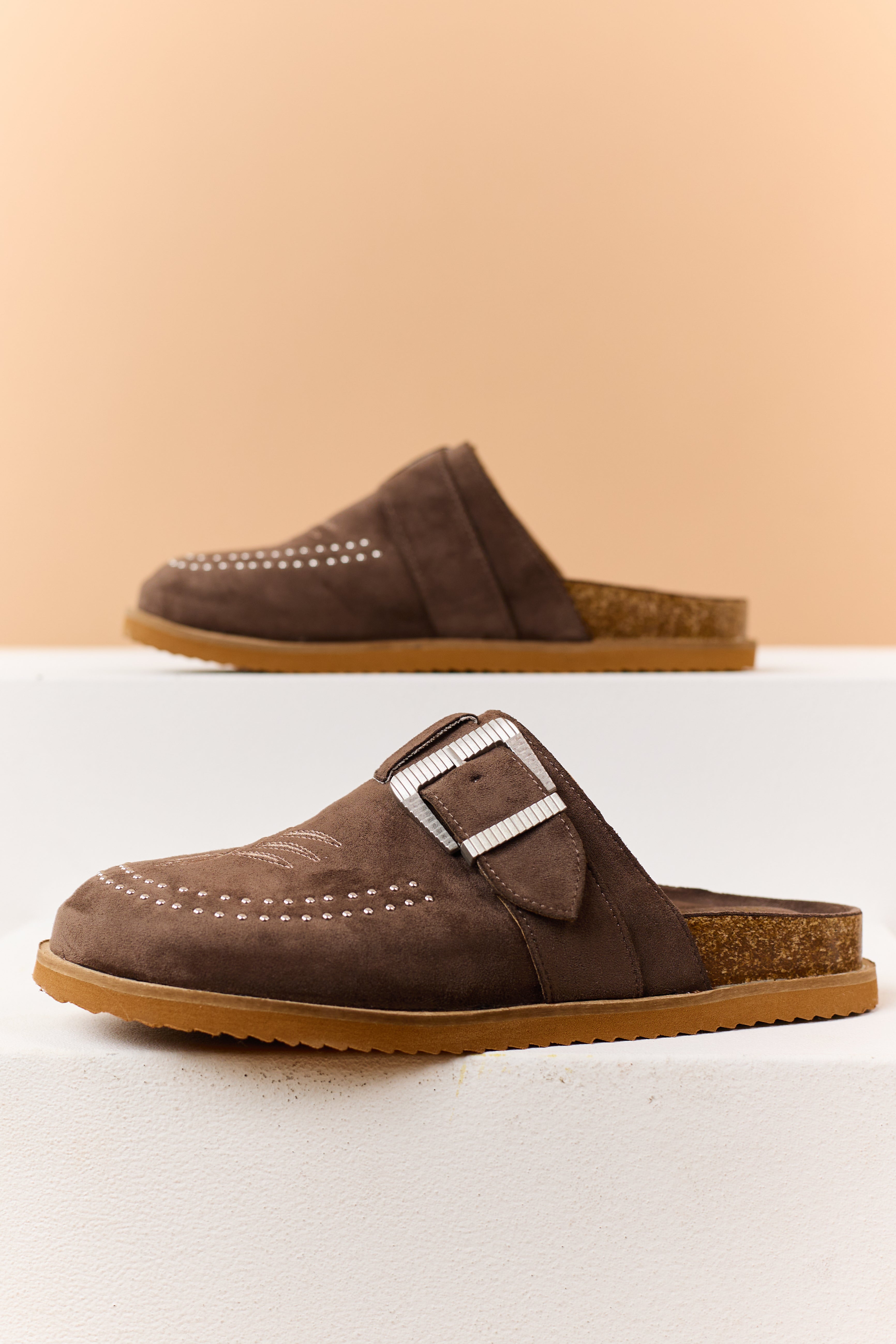Walnut Faux Suede Studded Clog Mule Flats | Lime Lush Boutique