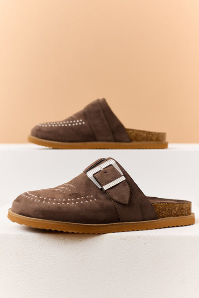 Walnut Faux Suede Studded Clog Mule Flats