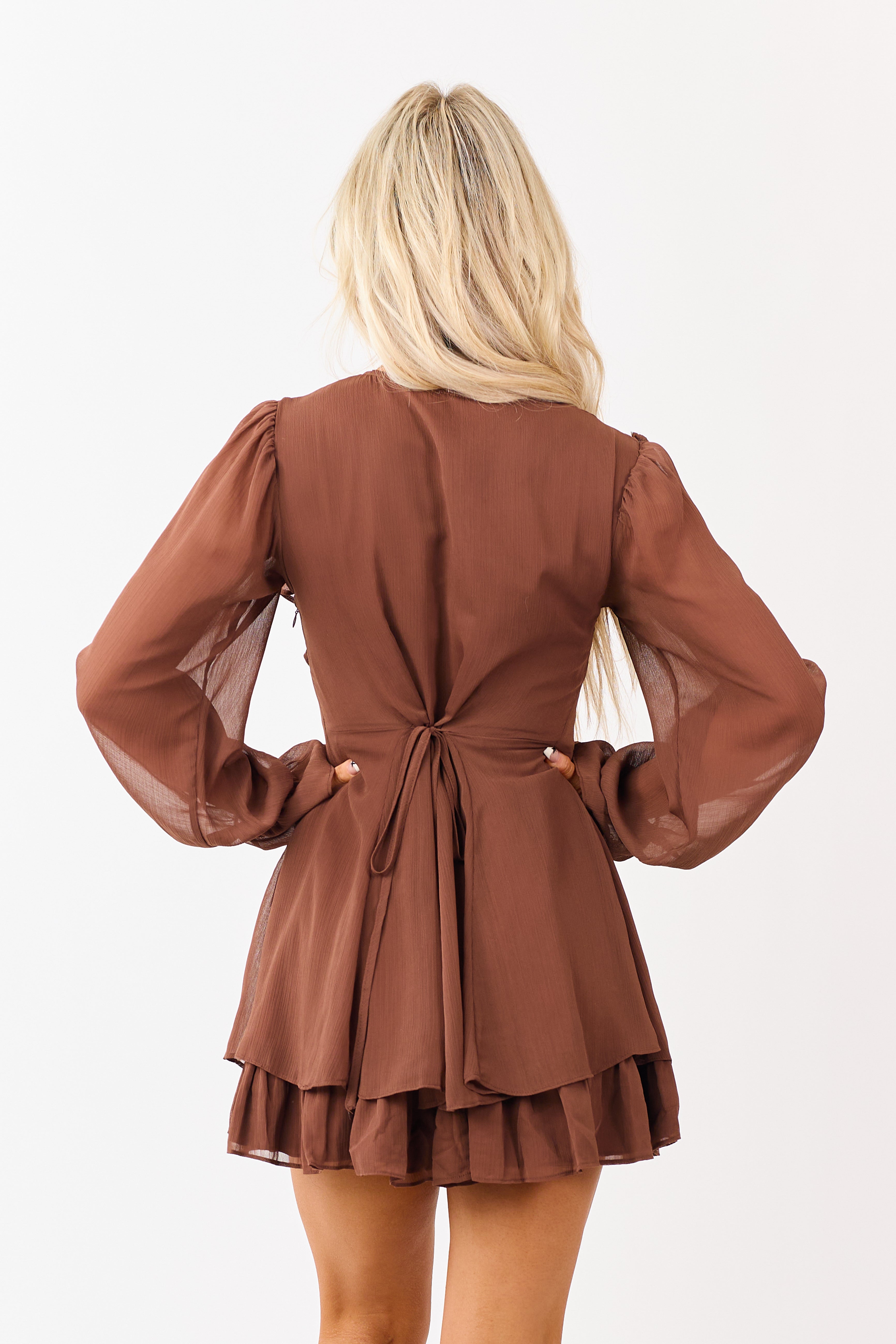 Walnut Ruffled Front Tie Long Sleeve Mini Dress
