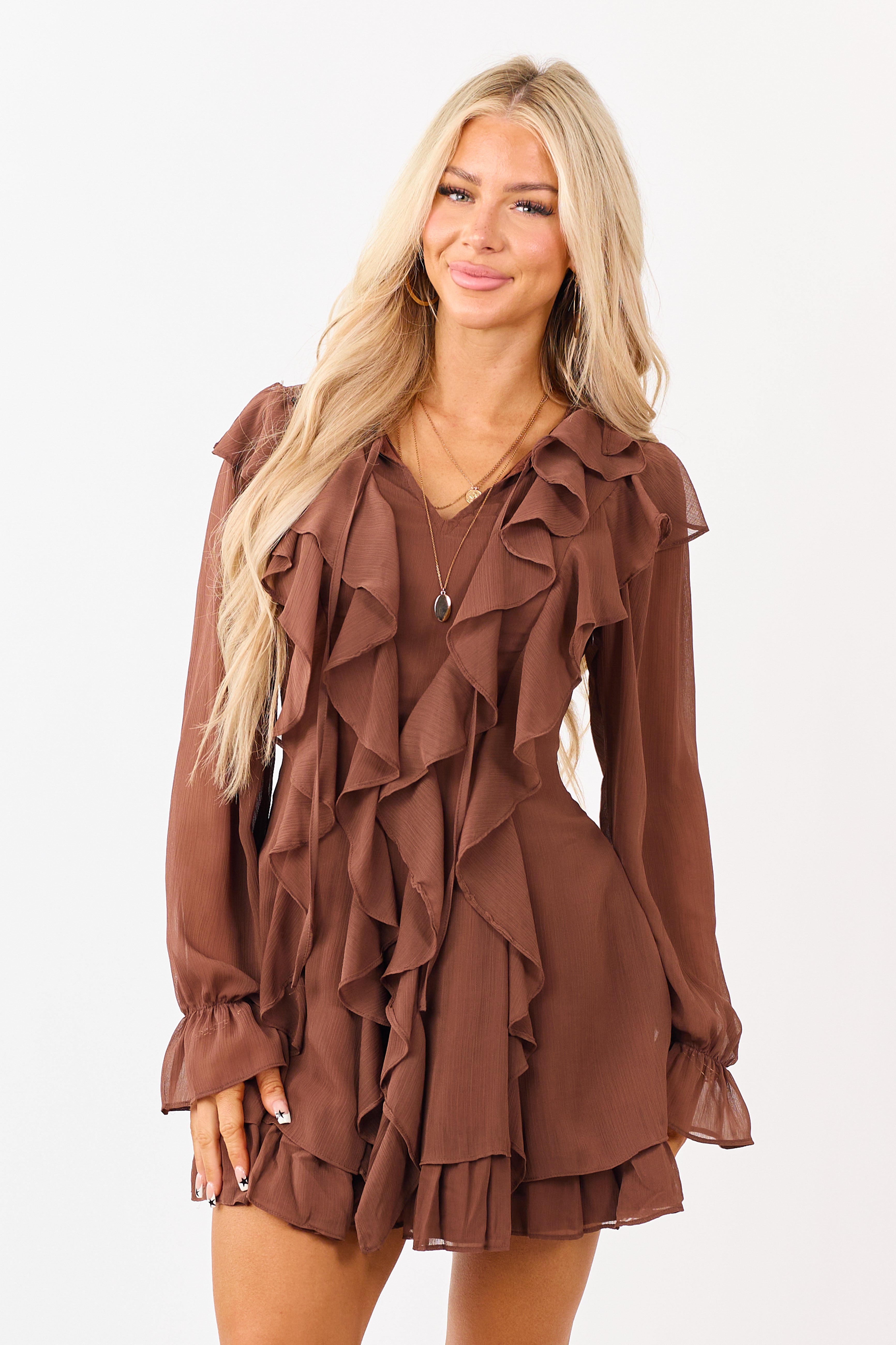 Walnut Ruffled Front Tie Long Sleeve Mini Dress