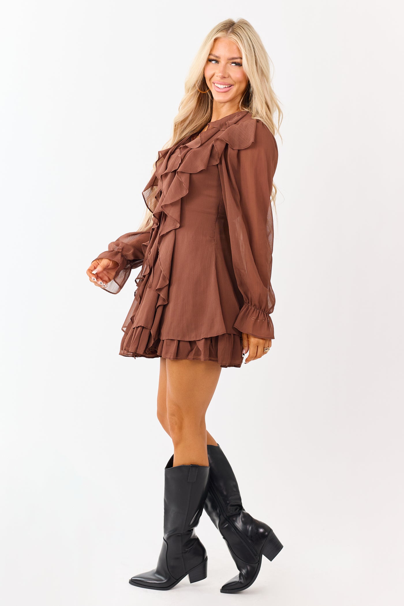 Walnut Ruffled Front Tie Long Sleeve Mini Dress
