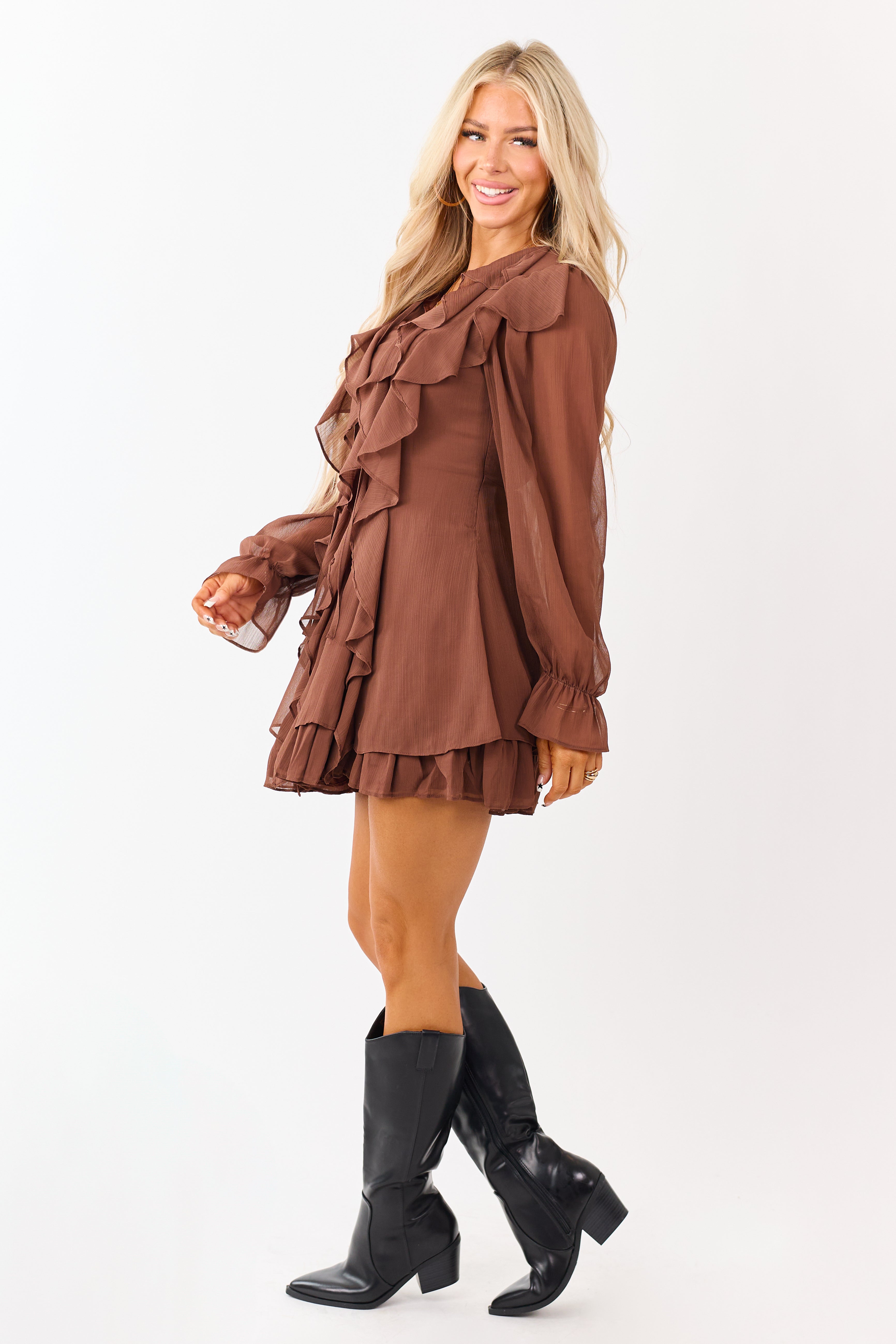 Walnut Ruffled Front Tie Long Sleeve Mini Dress