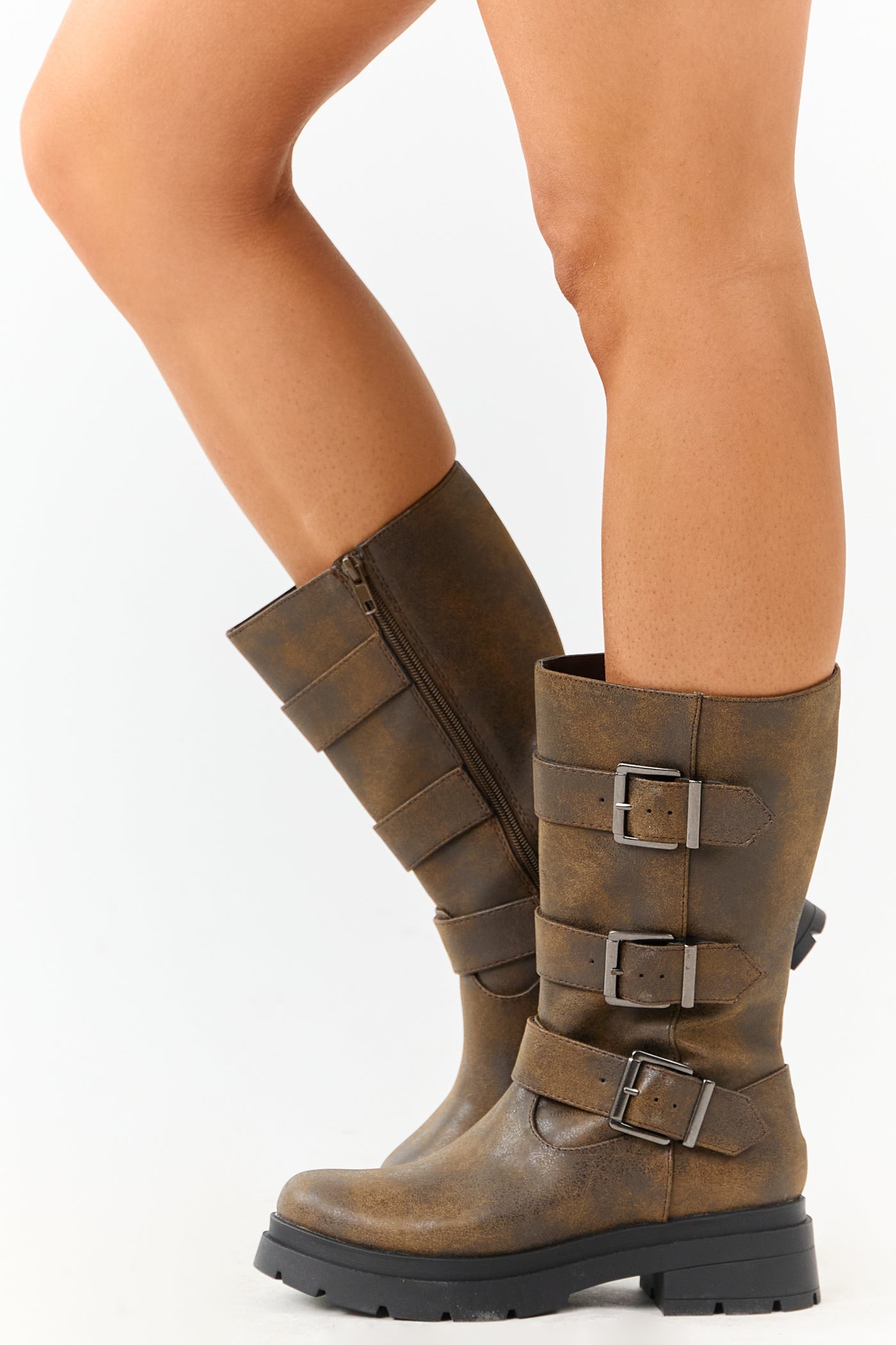 Walnut Textured Faux Leather Buckle Boots