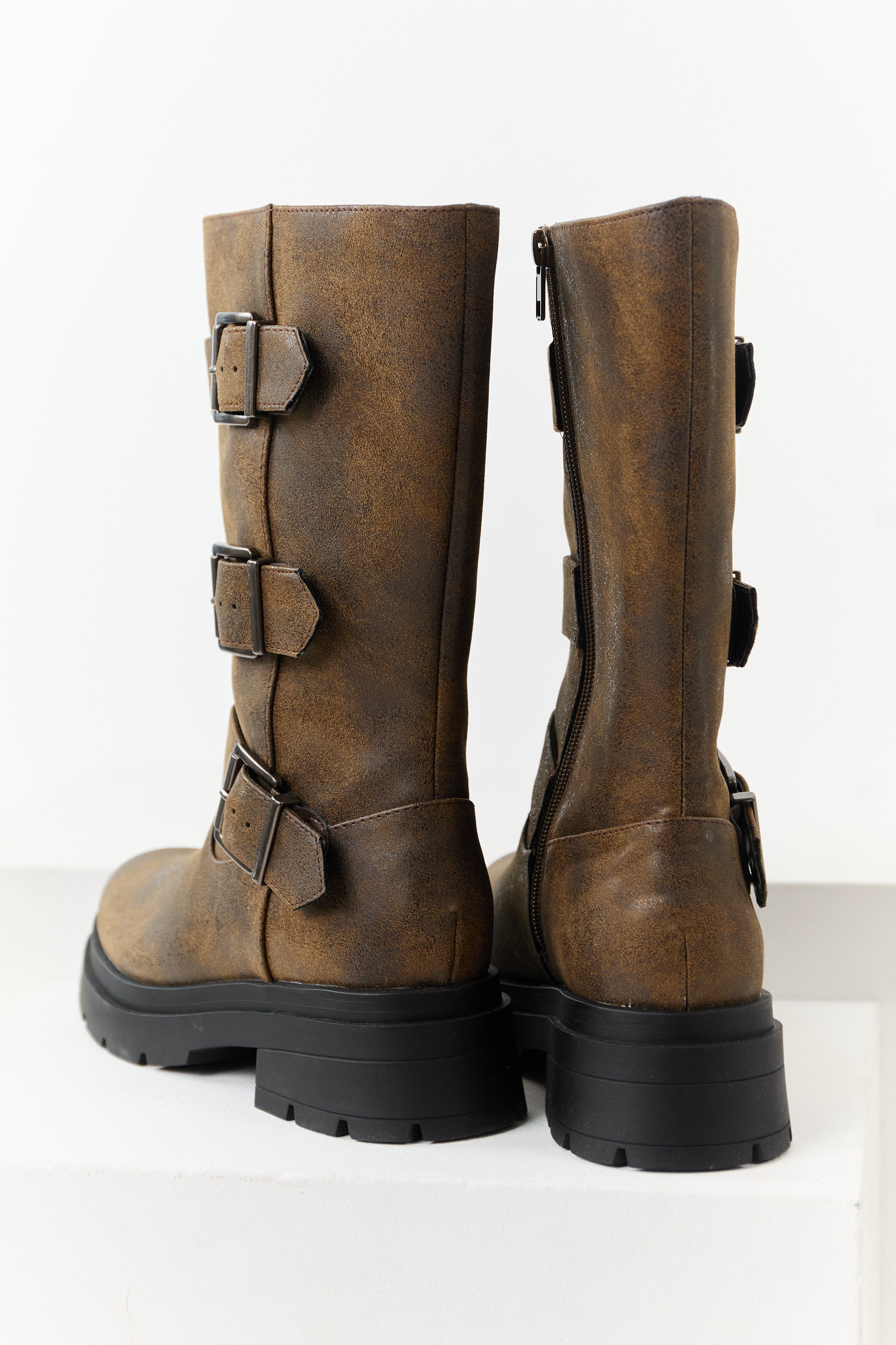 Walnut Textured Faux Leather Buckle Boots