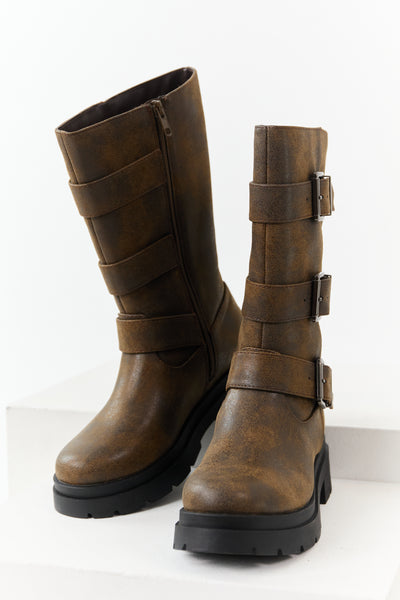 Walnut Textured Faux Leather Buckle Boots
