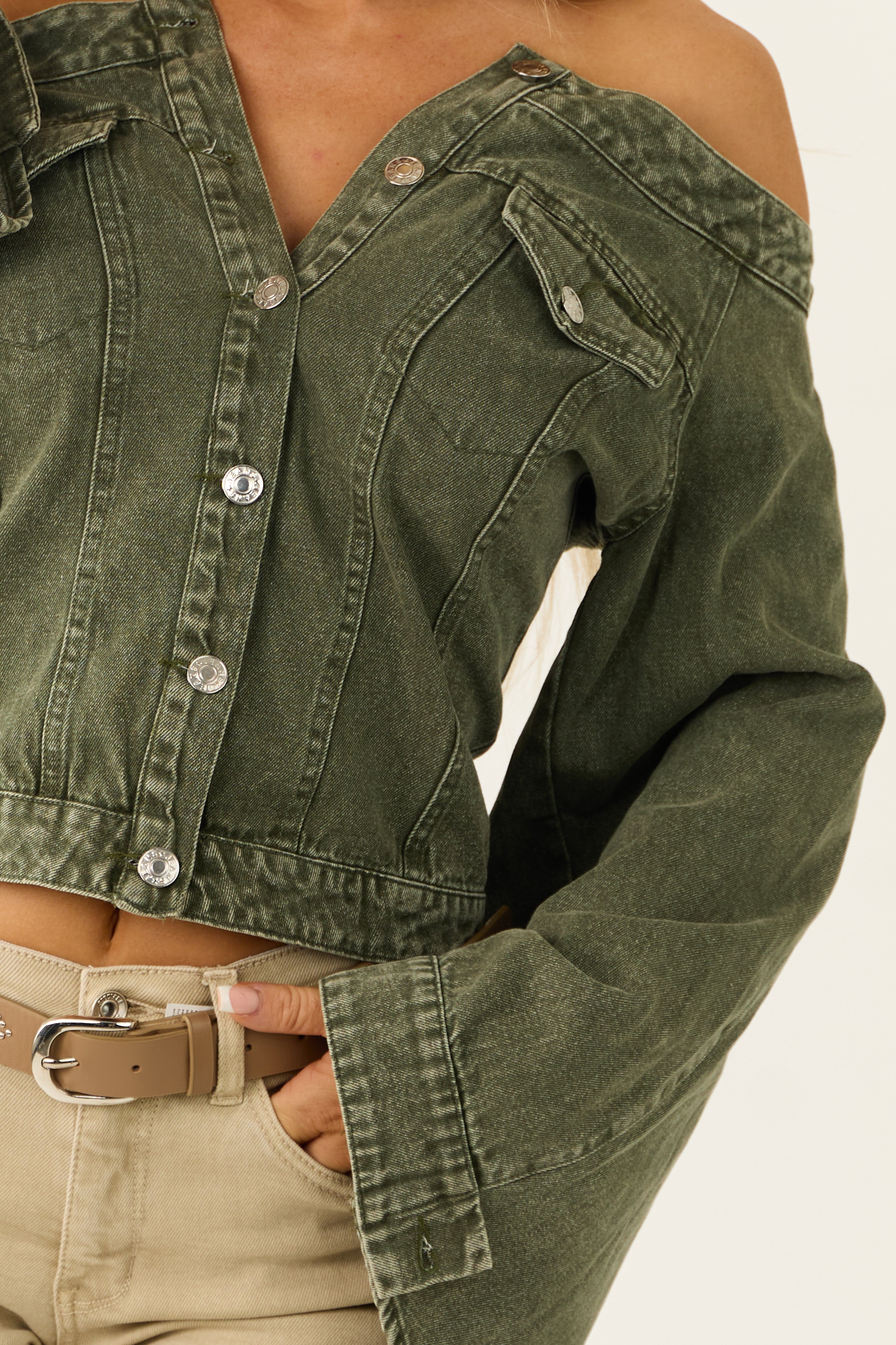 Washed Army Green Off the Shoulder Denim Jacket | Lime Lush Boutique