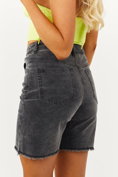 Polagram Washed Black Denim Frayed Bermuda Shorts