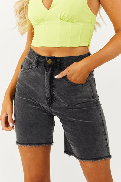 Polagram Washed Black Denim Frayed Bermuda Shorts