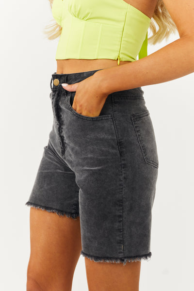 Polagram Washed Black Denim Frayed Bermuda Shorts