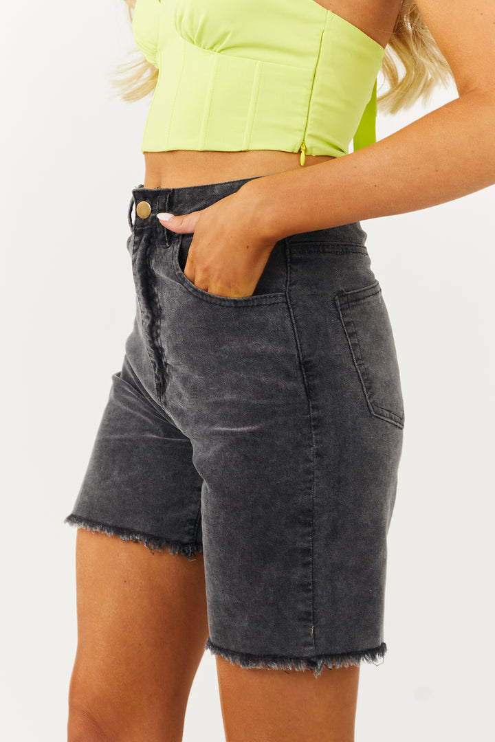 Polagram Washed Black Denim Frayed Bermuda Shorts