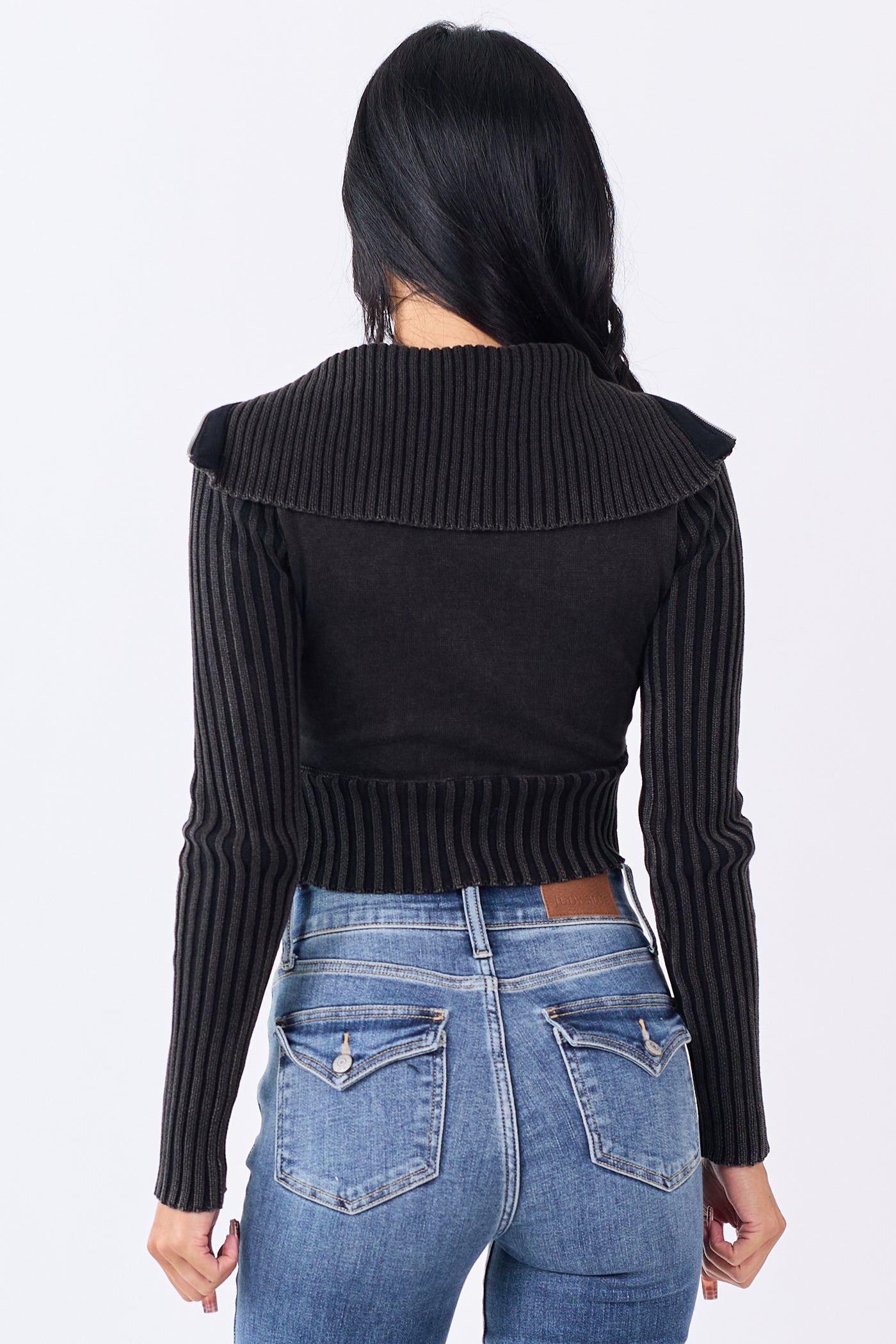 Washed Black Ribbed Cotton Knit Zip Up Crop Jacket