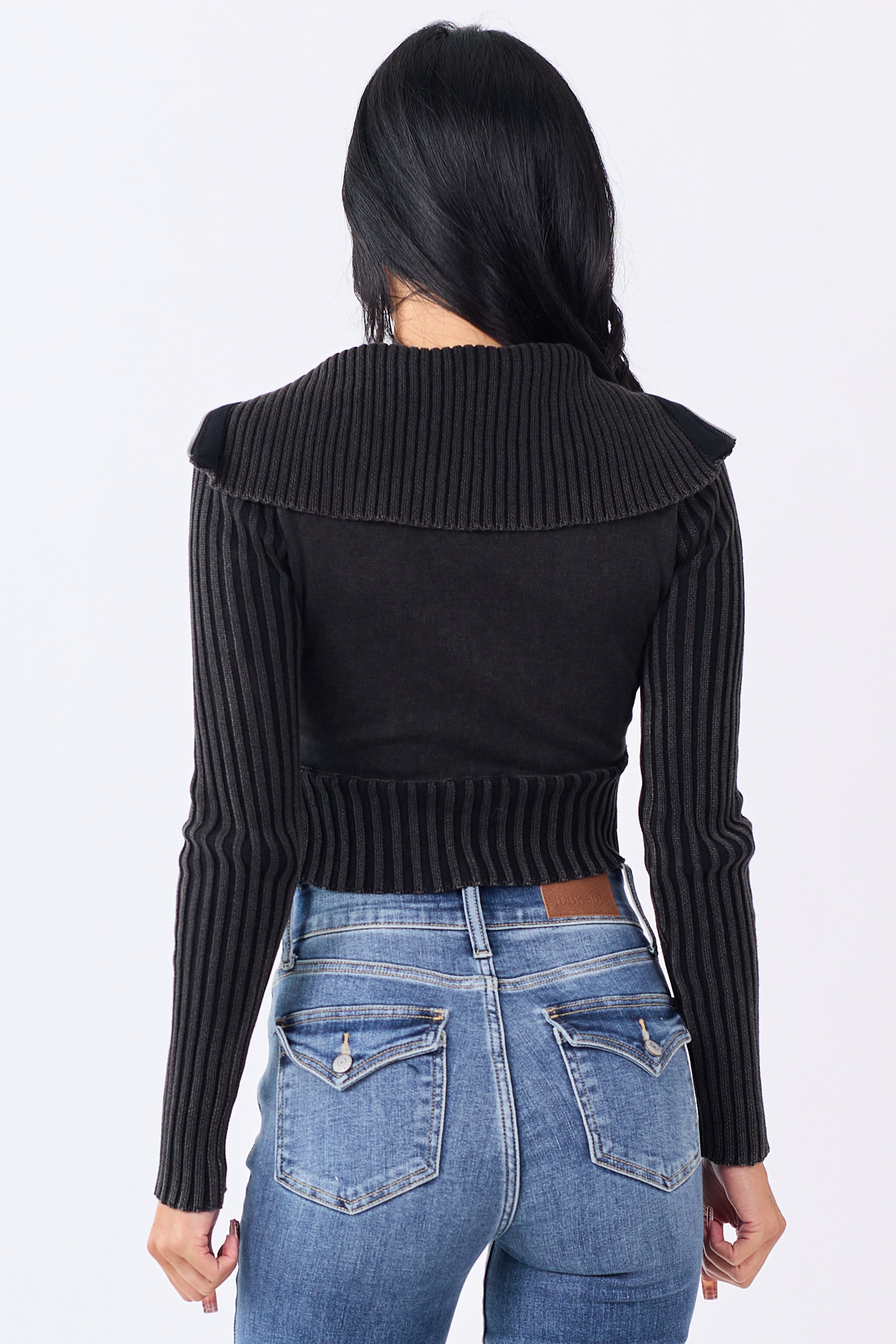 Washed Black Ribbed Cotton Knit Zip Up Crop Jacket