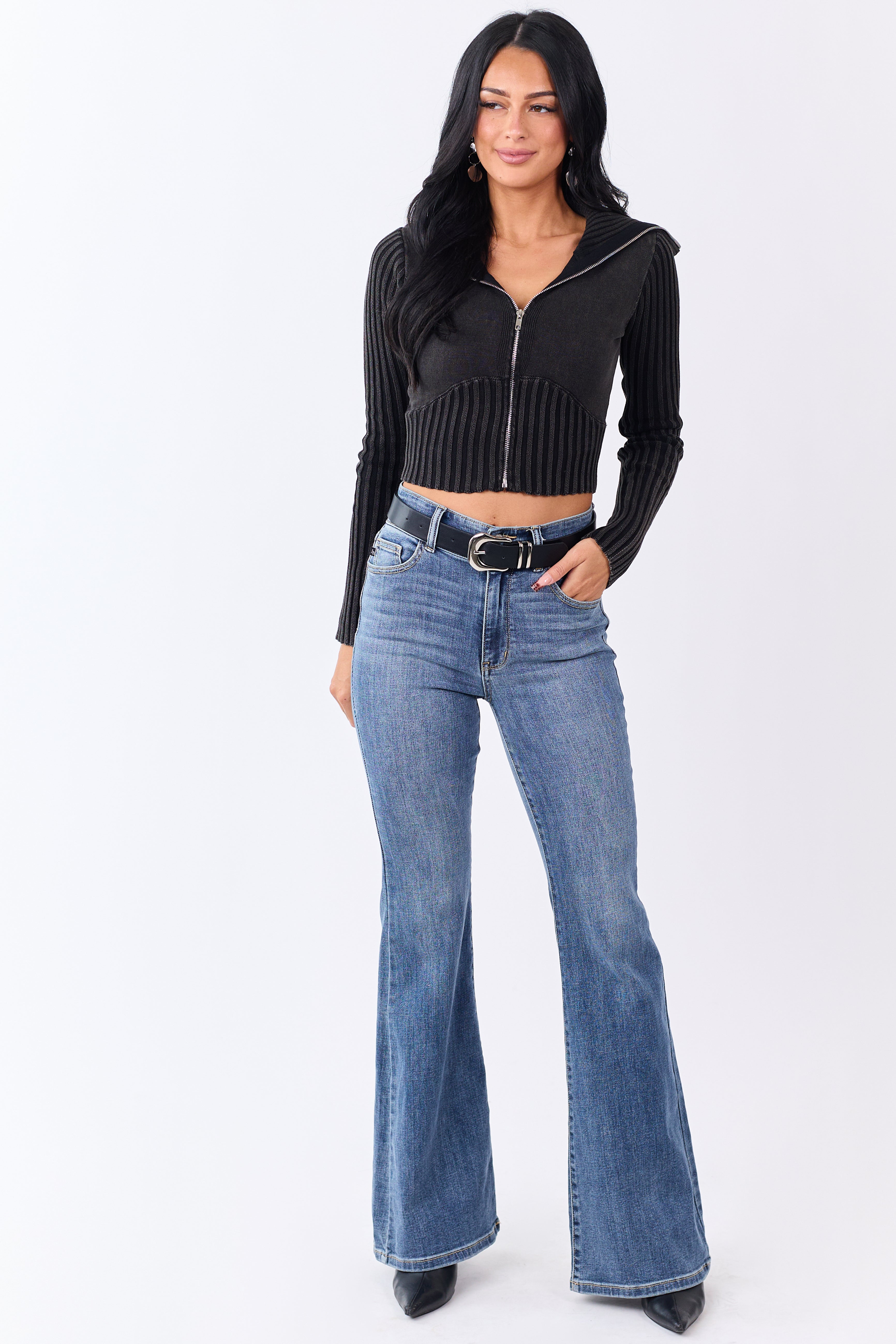 Washed Black Ribbed Cotton Knit Zip Up Crop Jacket