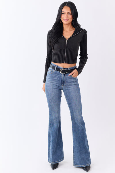 Washed Black Ribbed Cotton Knit Zip Up Crop Jacket