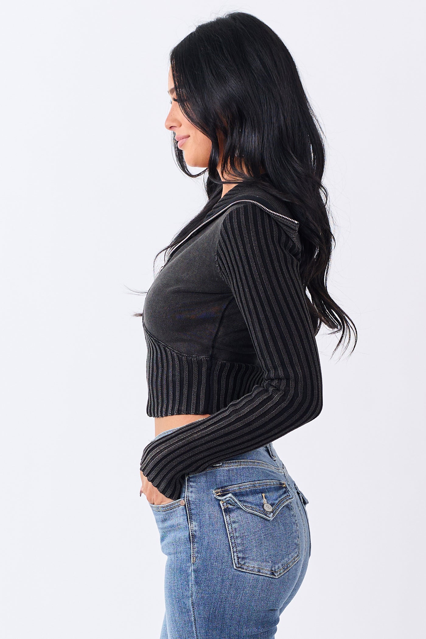 Washed Black Ribbed Cotton Knit Zip Up Crop Jacket