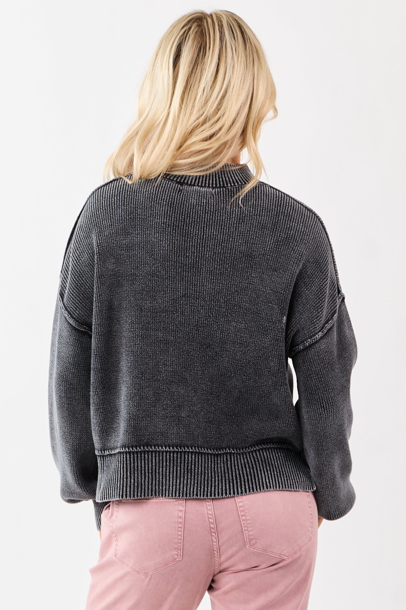 Washed Charcoal Cotton Mock Neck Rib Knit Sweater