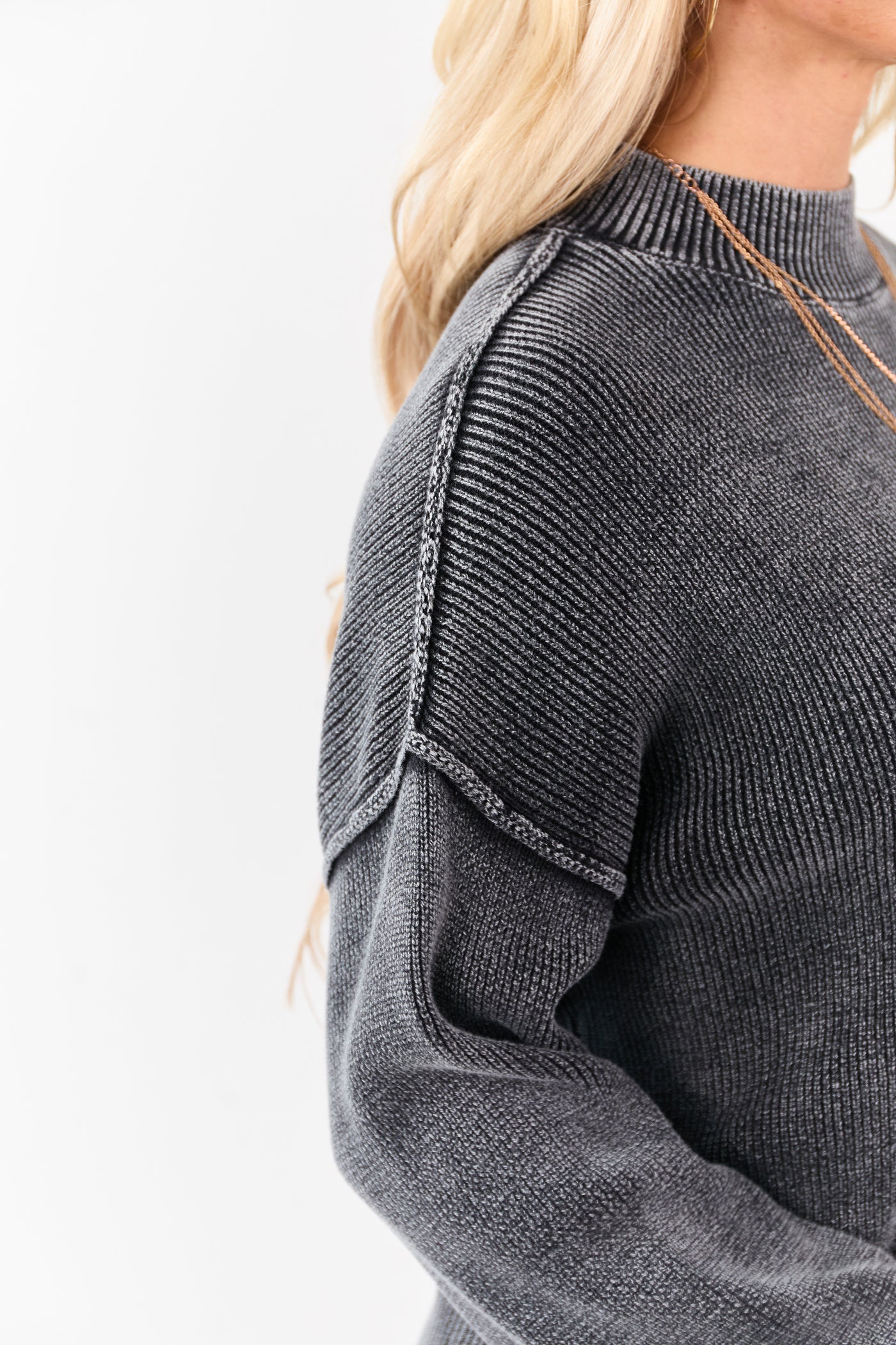 Washed Charcoal Cotton Mock Neck Rib Knit Sweater