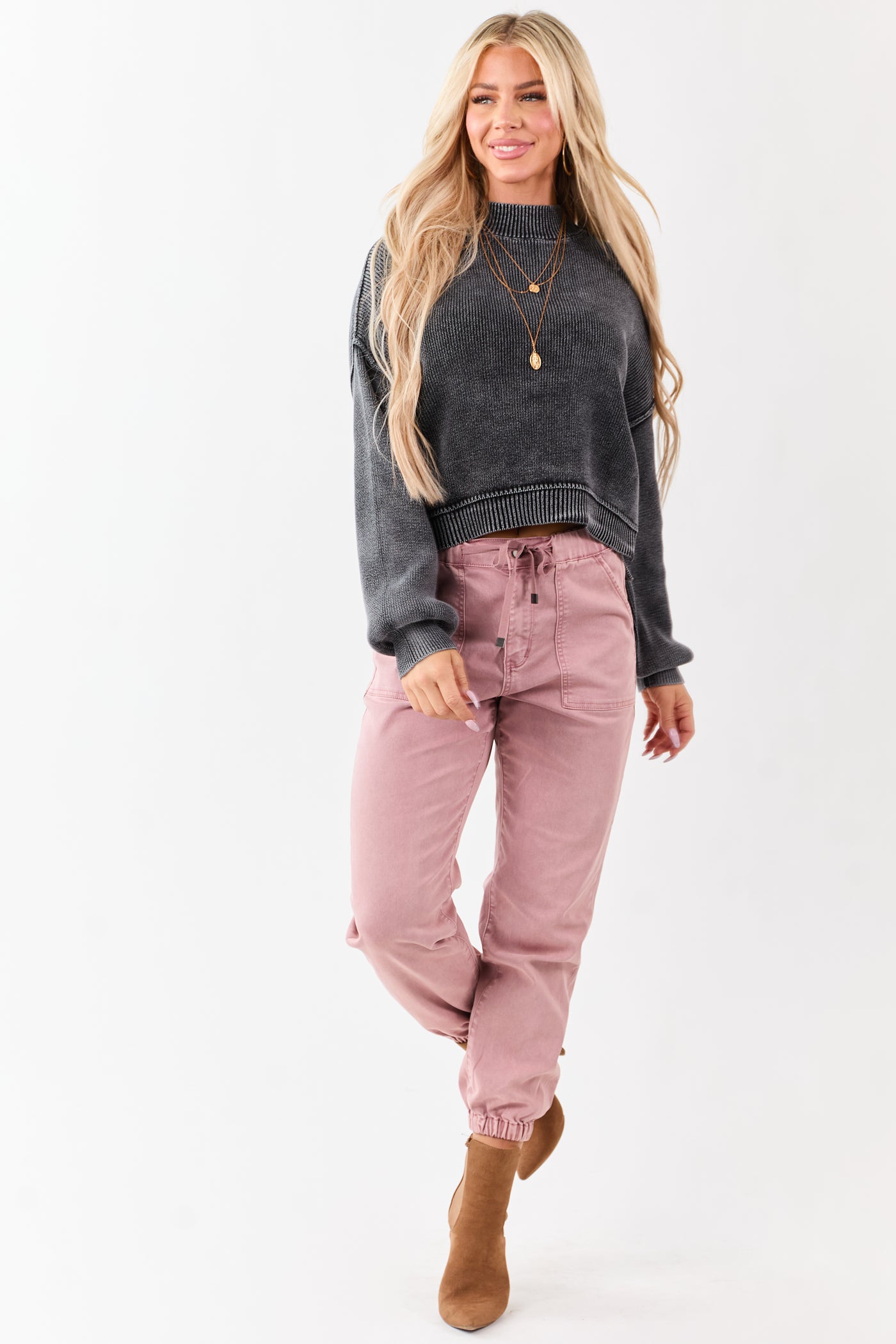 Washed Charcoal Cotton Mock Neck Rib Knit Sweater
