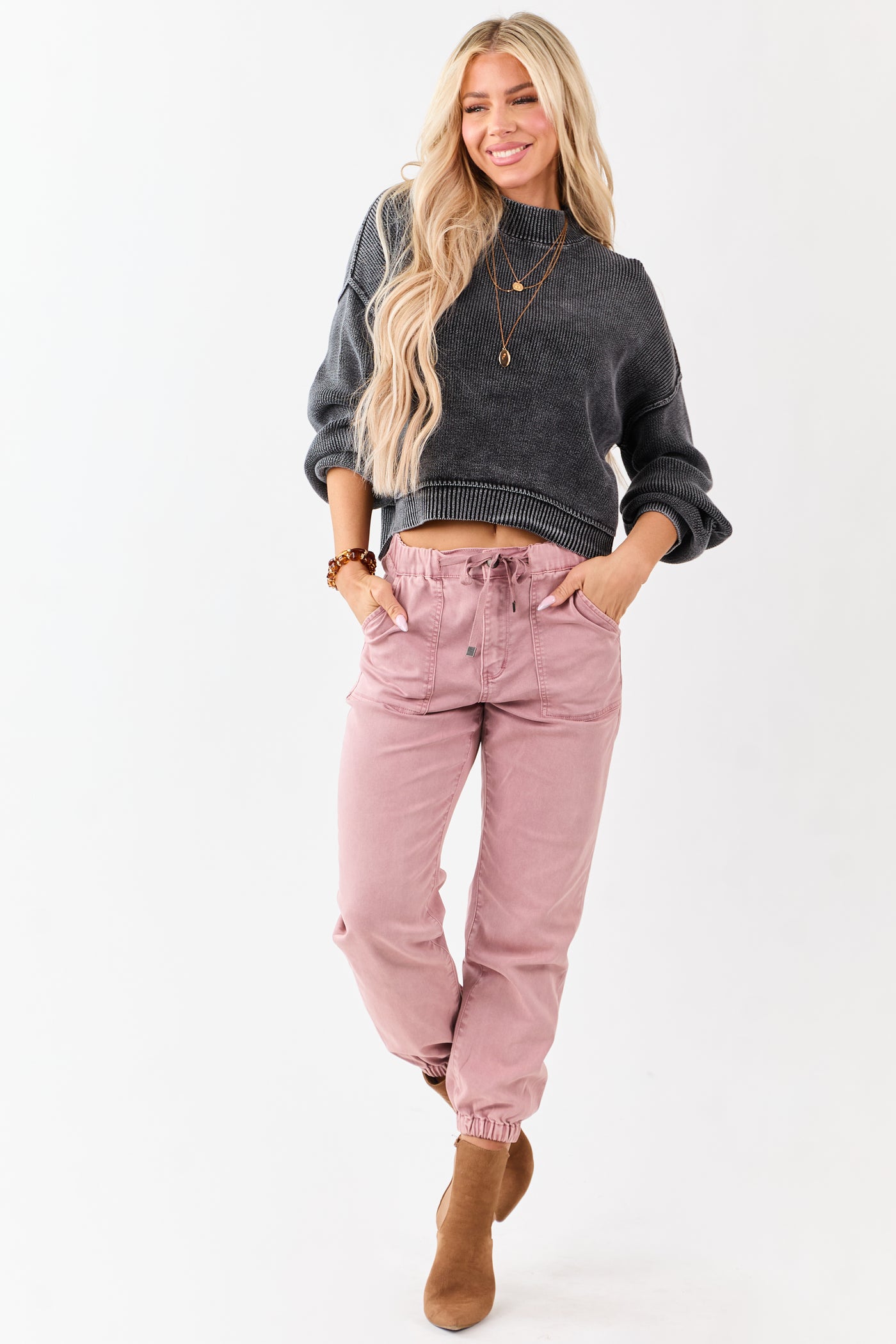 Washed Charcoal Cotton Mock Neck Rib Knit Sweater