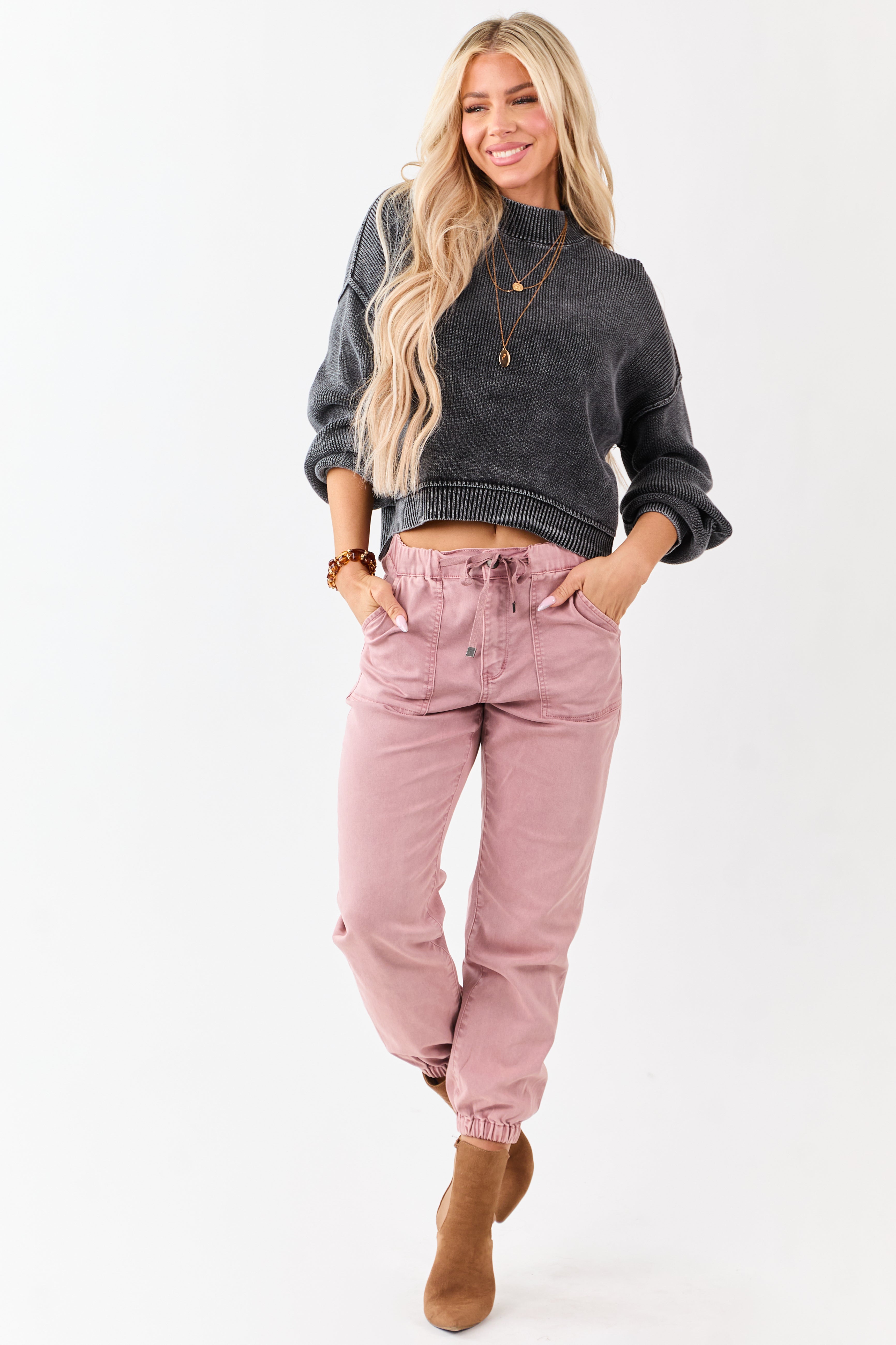 Washed Charcoal Cotton Mock Neck Rib Knit Sweater