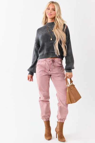 Washed Charcoal Cotton Mock Neck Rib Knit Sweater