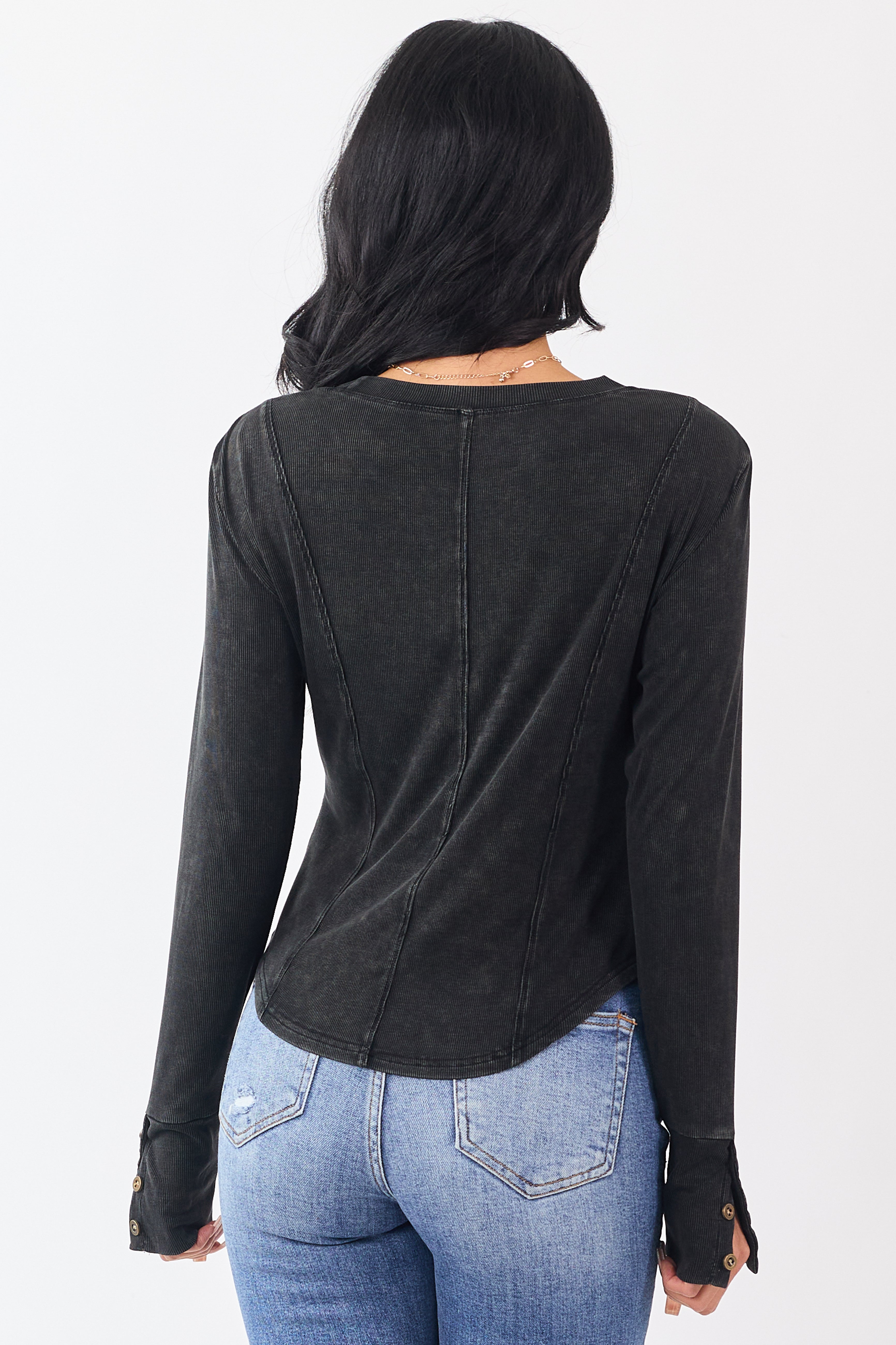 Washed Charcoal Ribbed Knit Long Sleeve Top
