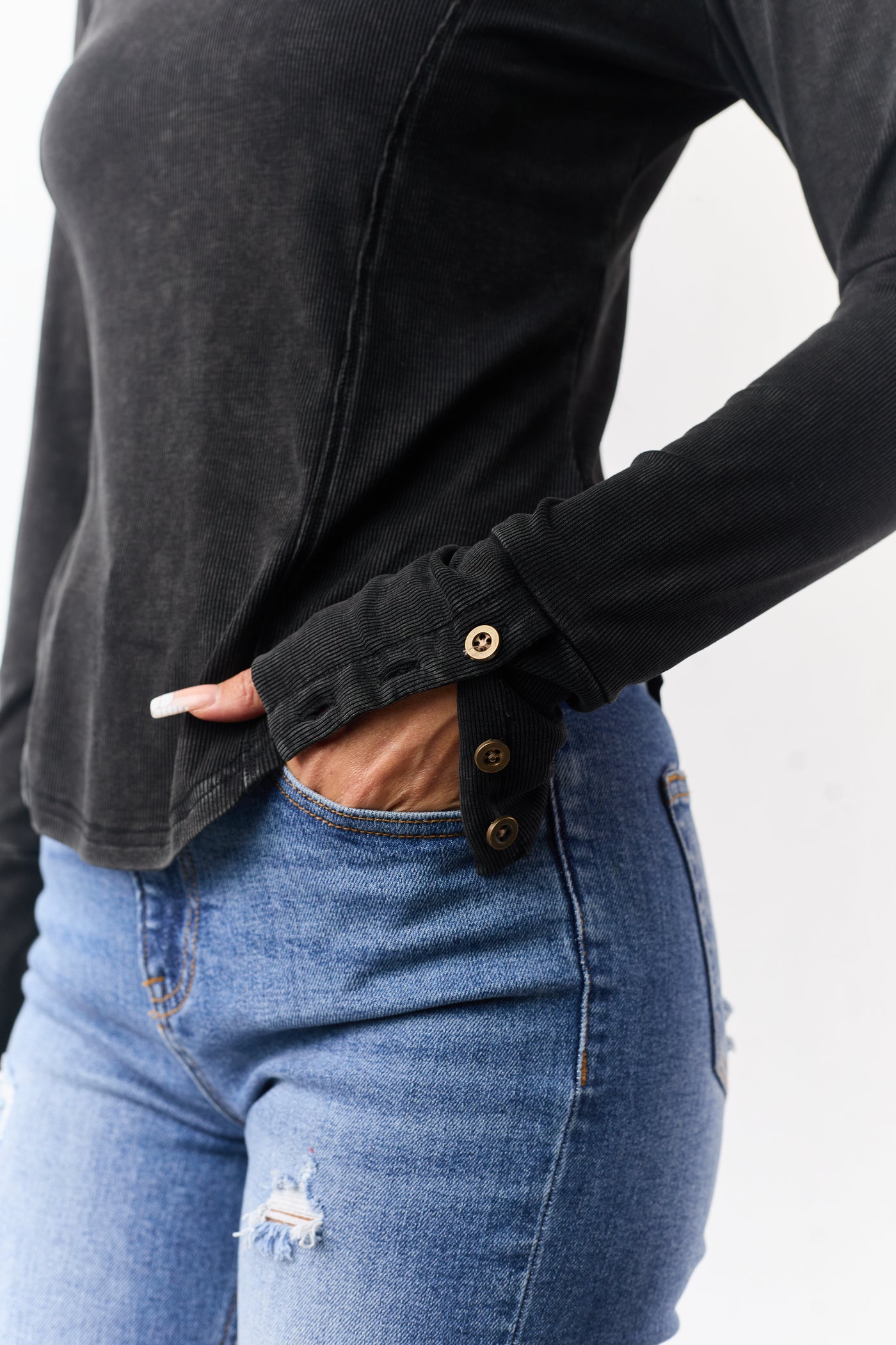 Washed Charcoal Ribbed Knit Long Sleeve Top