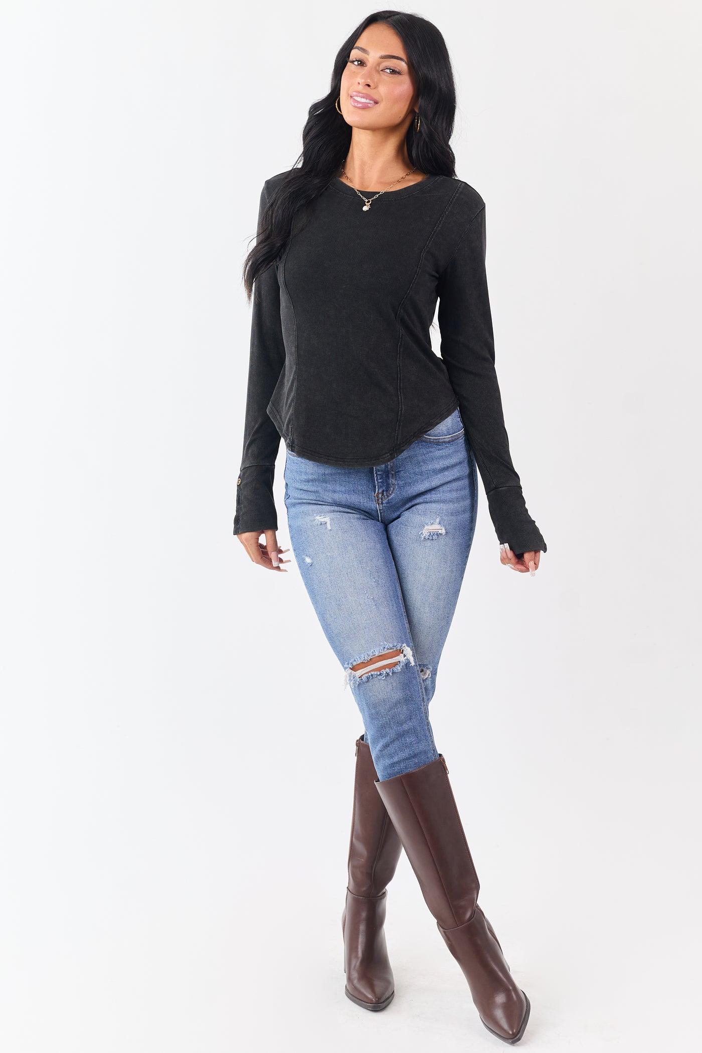 Washed Charcoal Ribbed Knit Long Sleeve Top