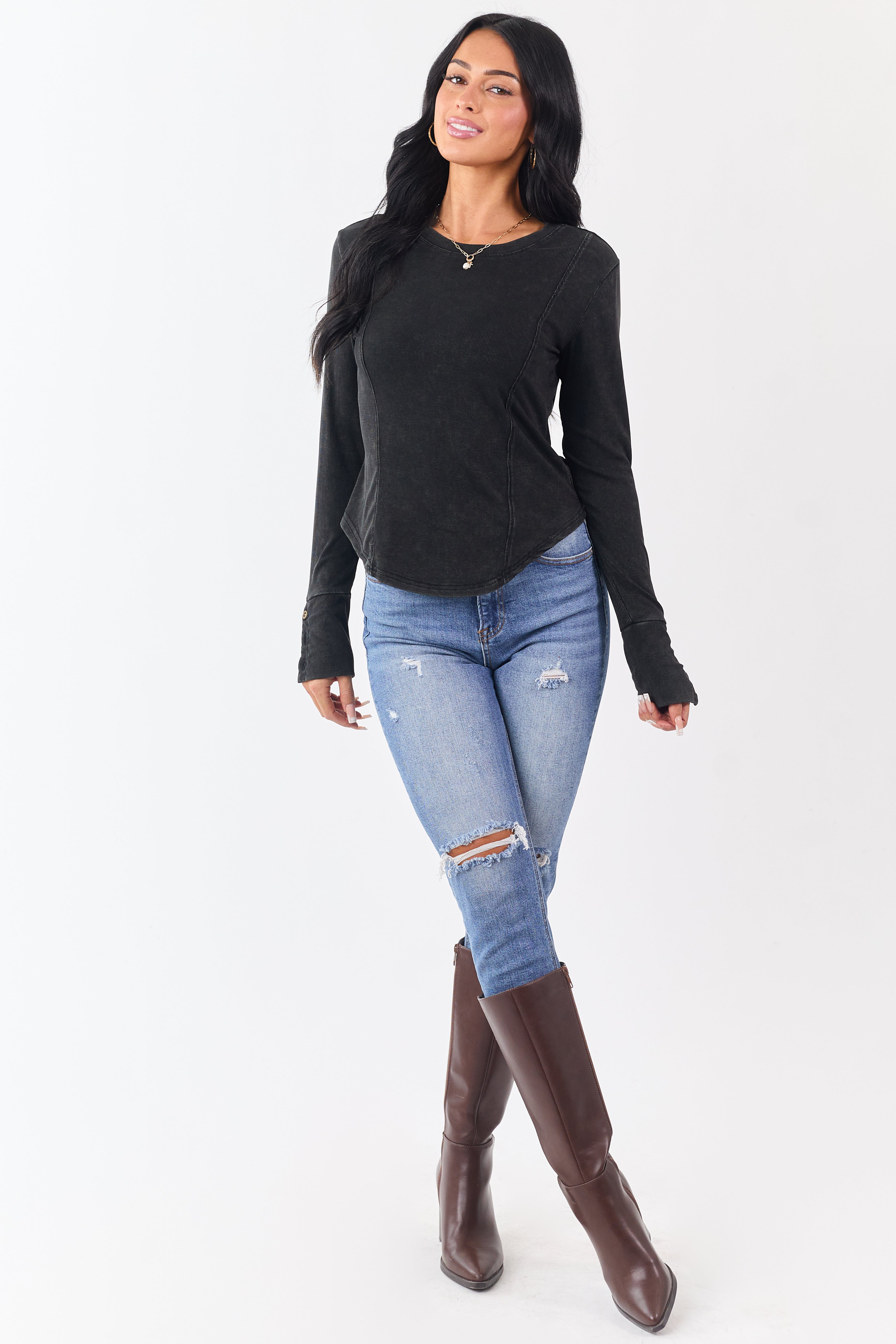 Washed Charcoal Ribbed Knit Long Sleeve Top
