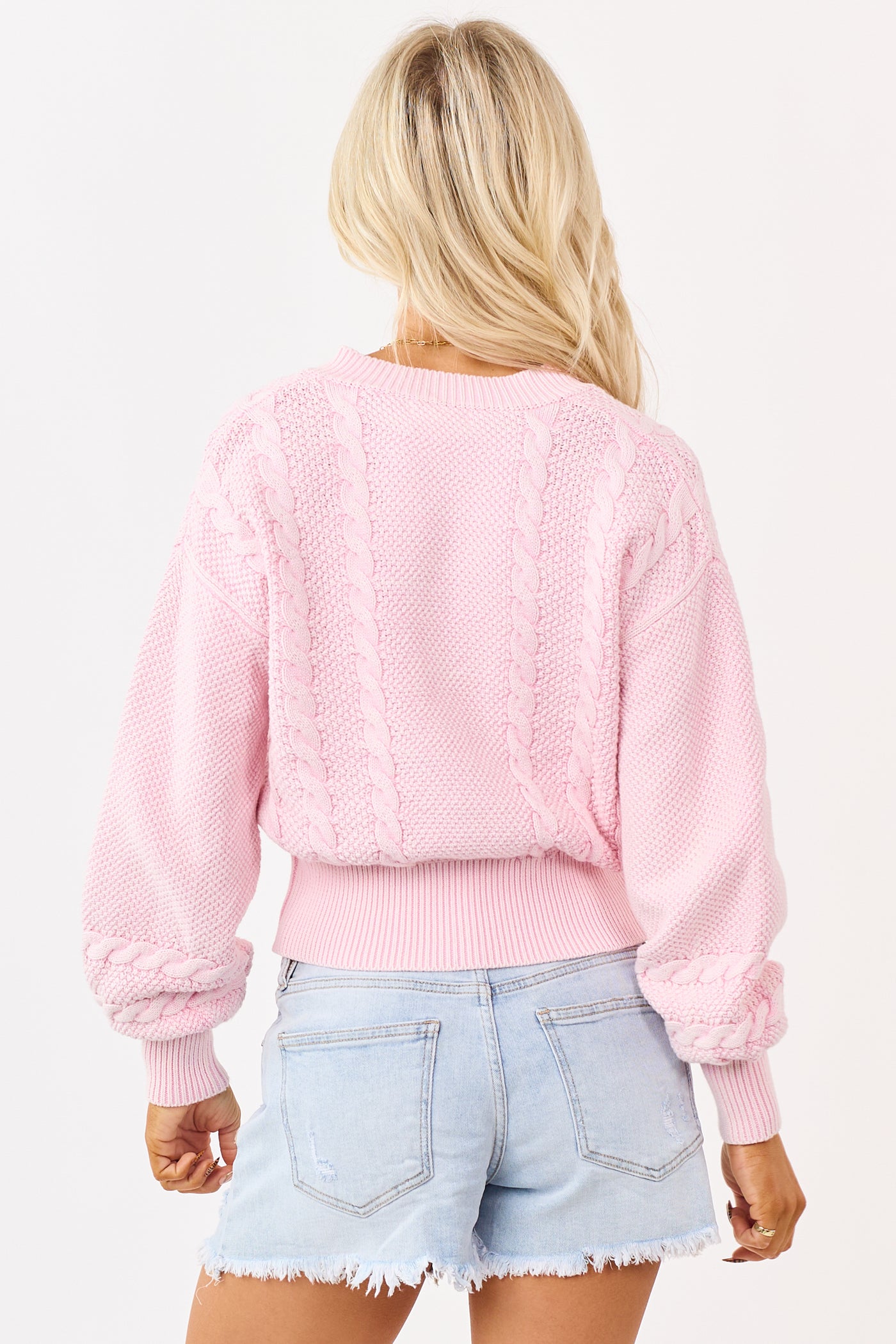 Washed Cherry Blossom Cotton Cable Knit Cardigan