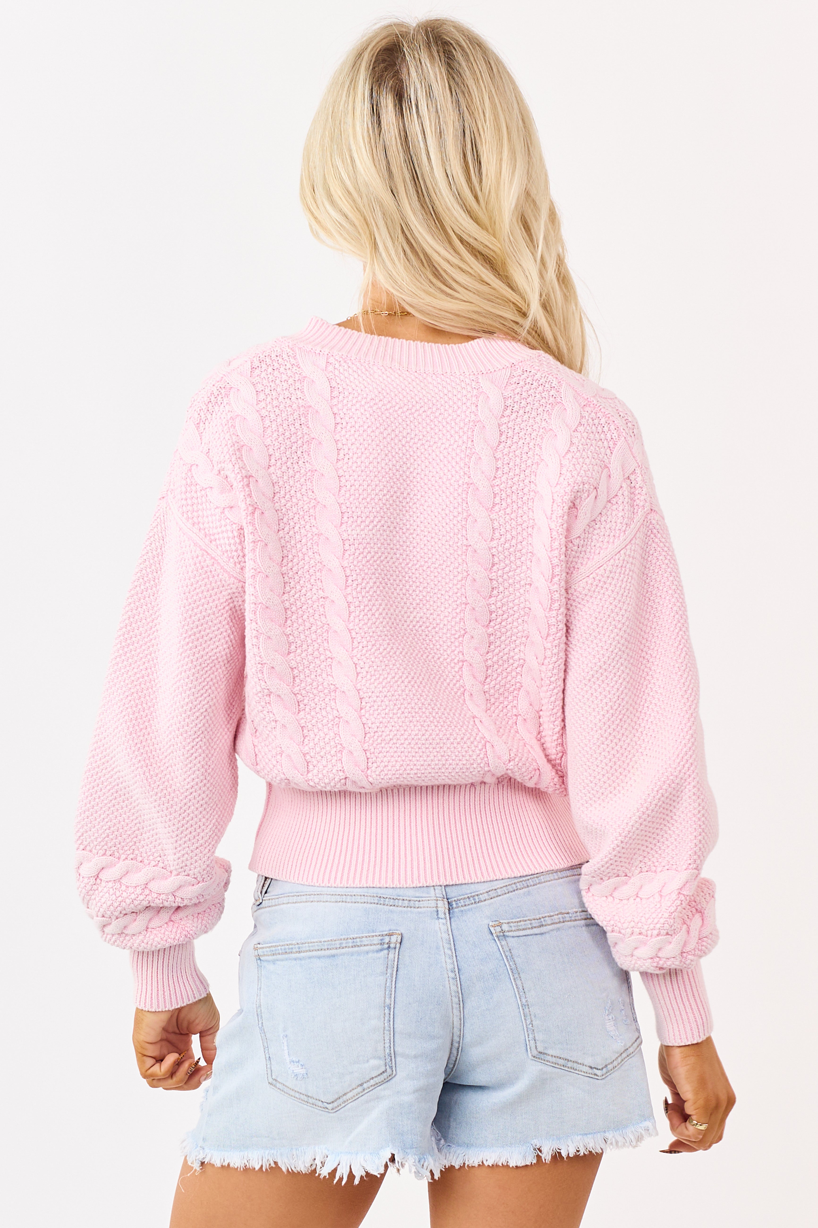 Washed Cherry Blossom Cotton Cable Knit Cardigan