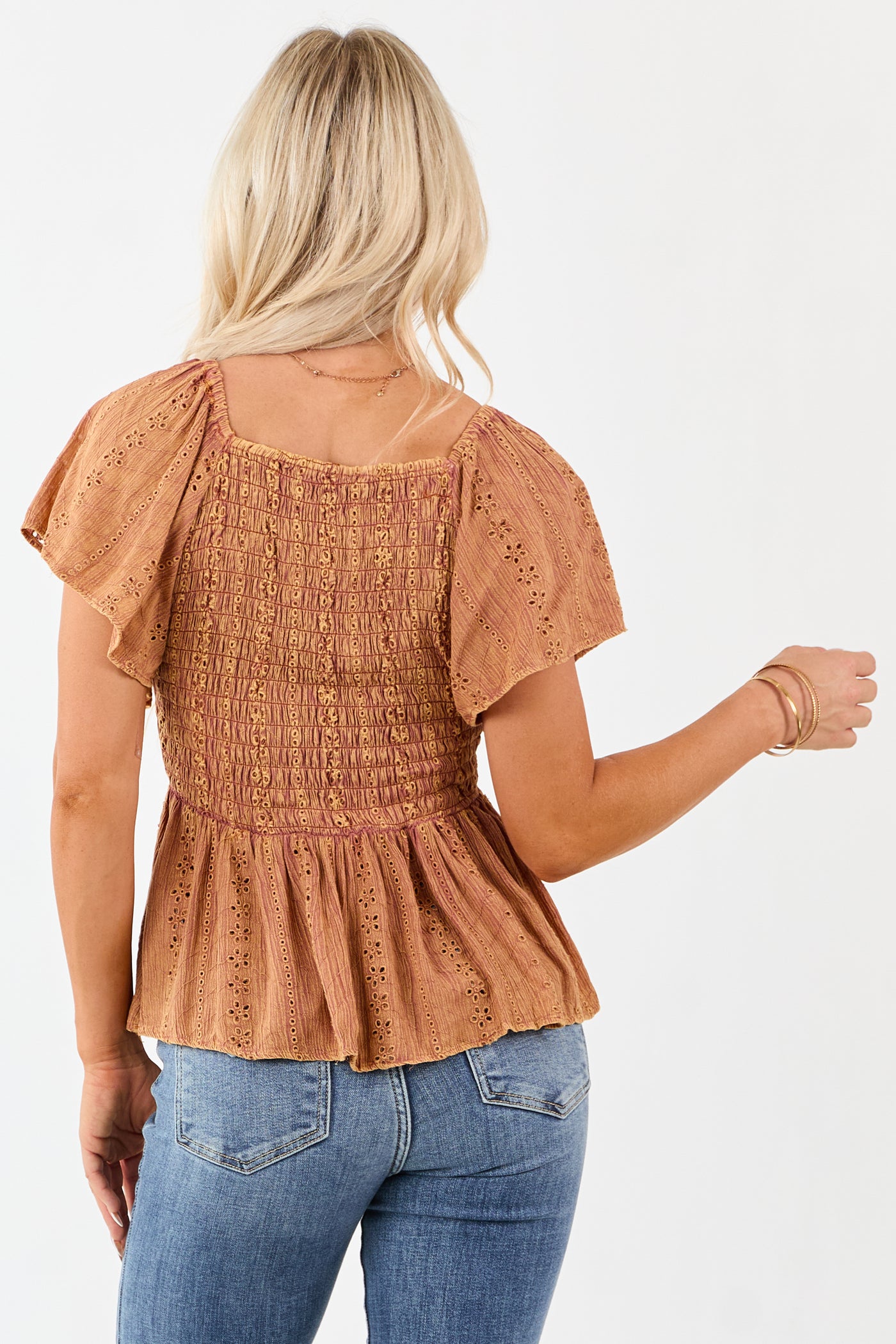 Washed Chestnut Smocked Eyelet Lace V-Neck Top