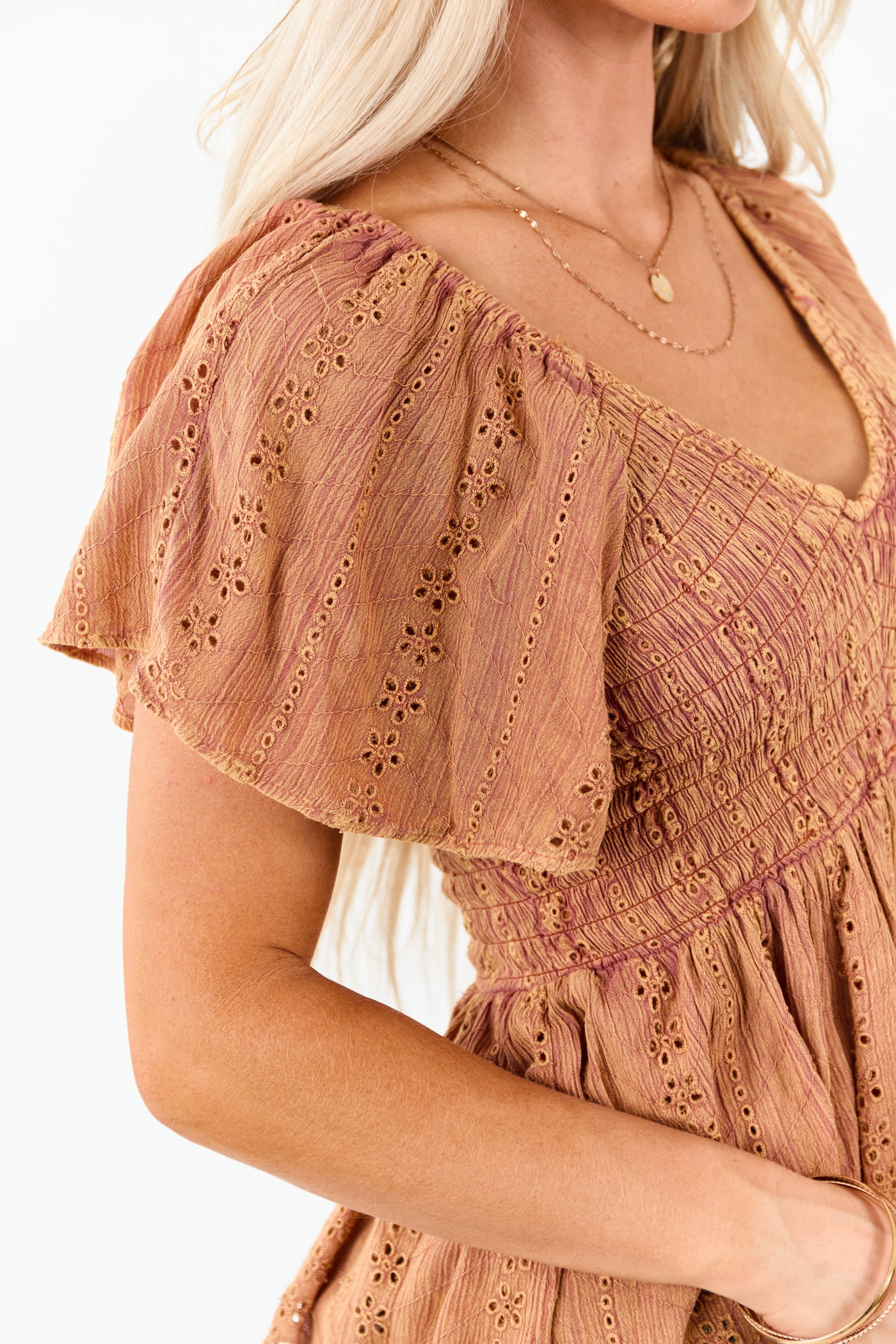 Washed Chestnut Smocked Eyelet Lace V-Neck Top