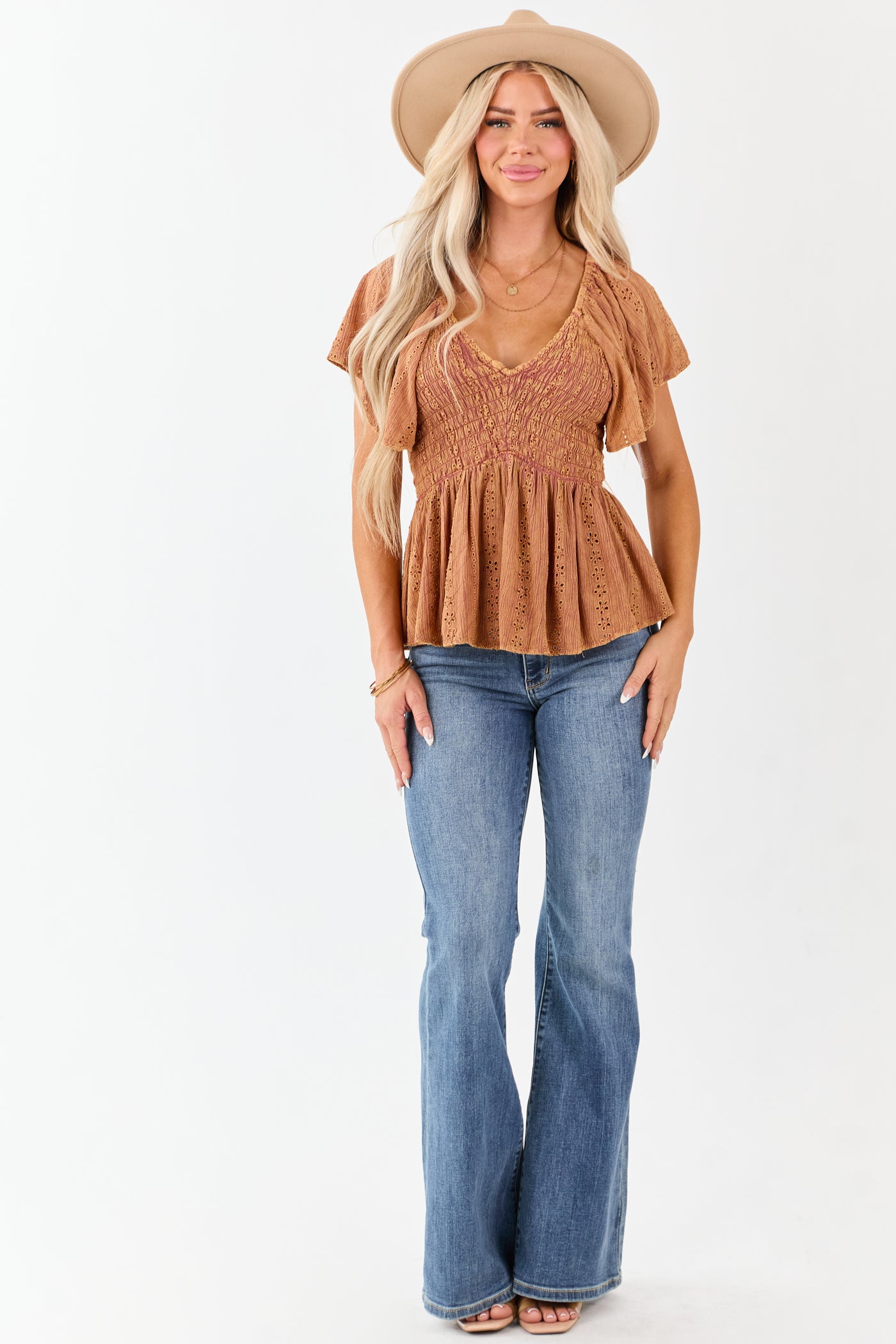 Washed Chestnut Smocked Eyelet Lace V-Neck Top