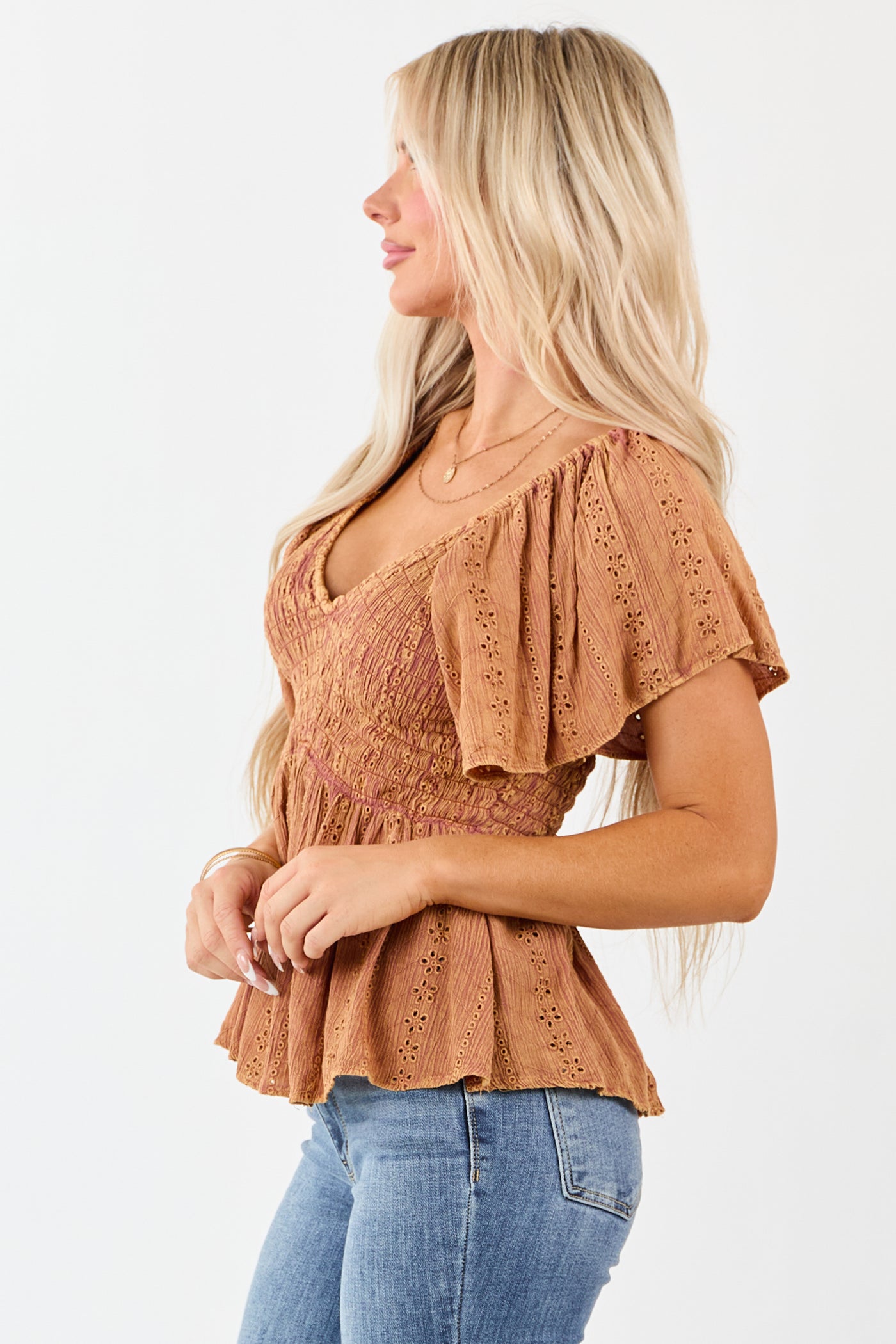 Washed Chestnut Smocked Eyelet Lace V-Neck Top