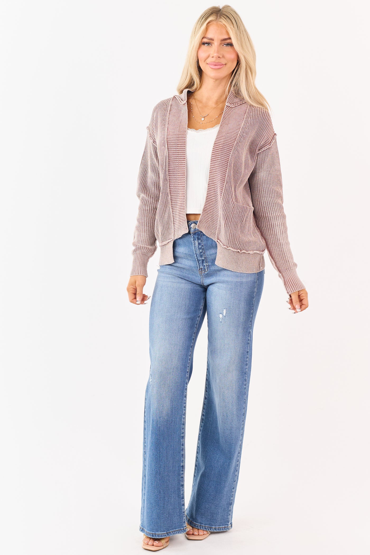 Washed Chocolate Cotton Open Front Cardigan