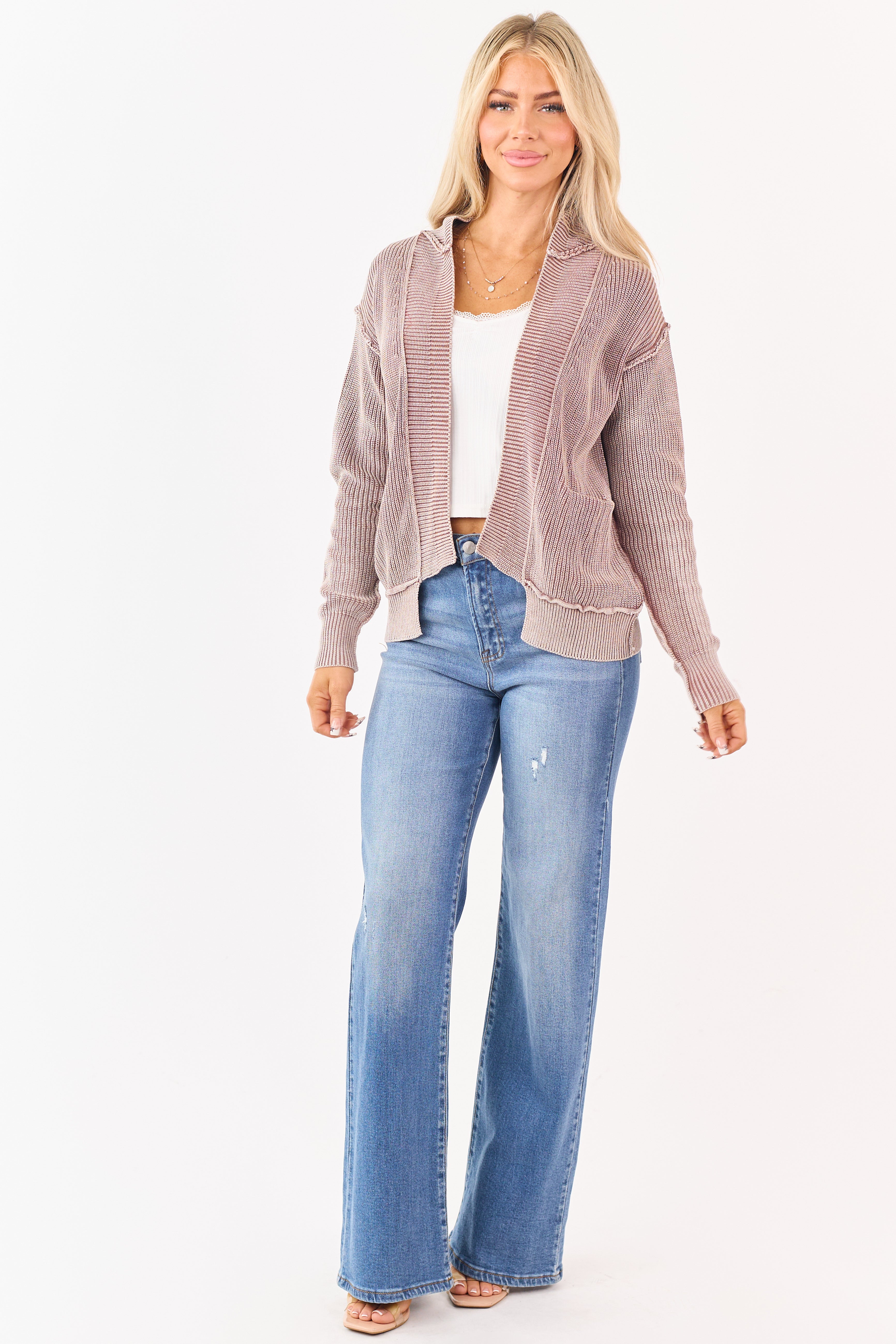 Washed Chocolate Cotton Open Front Cardigan