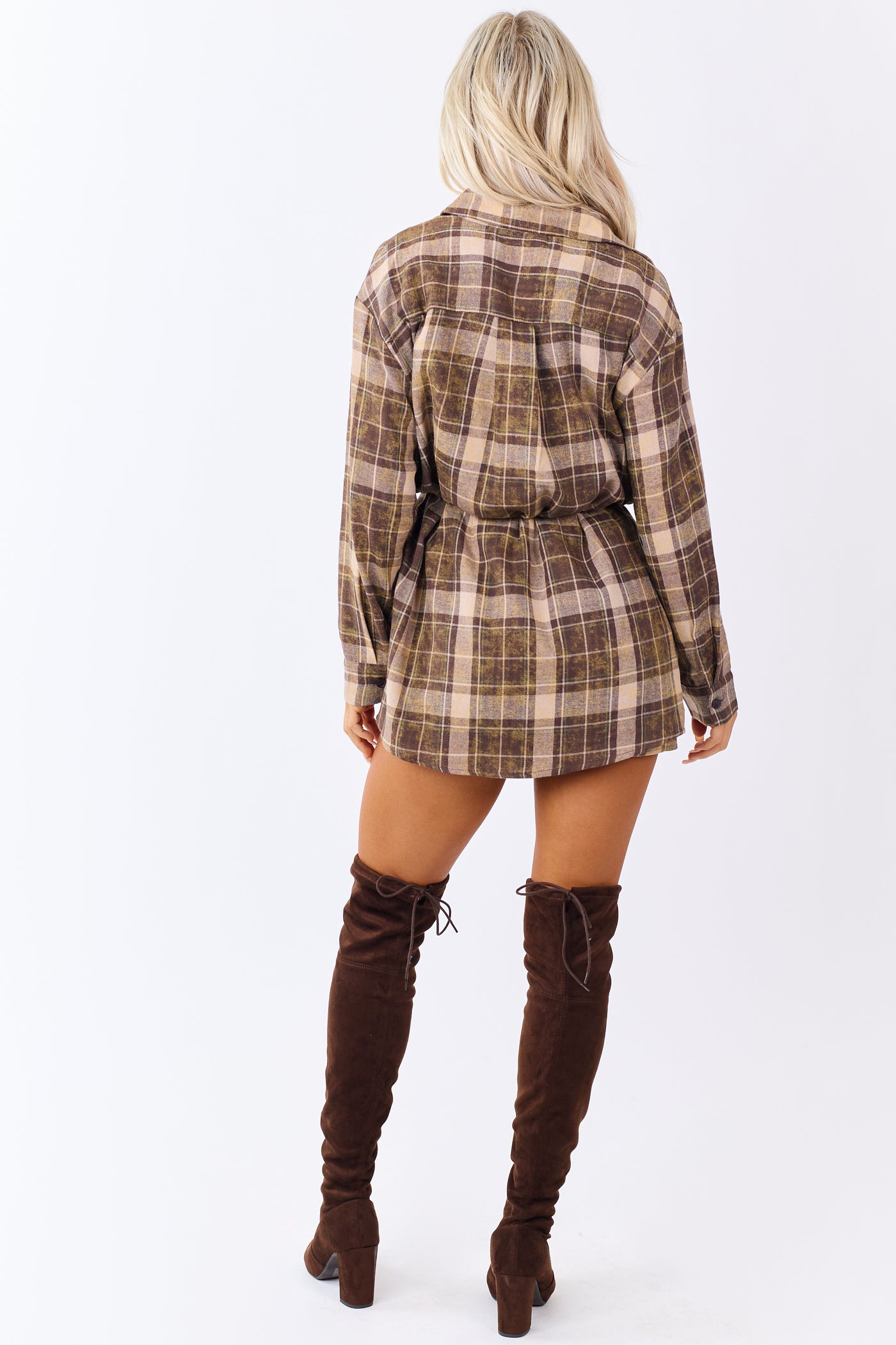 Washed Coffee Plaid Dress Style Flannel Romper