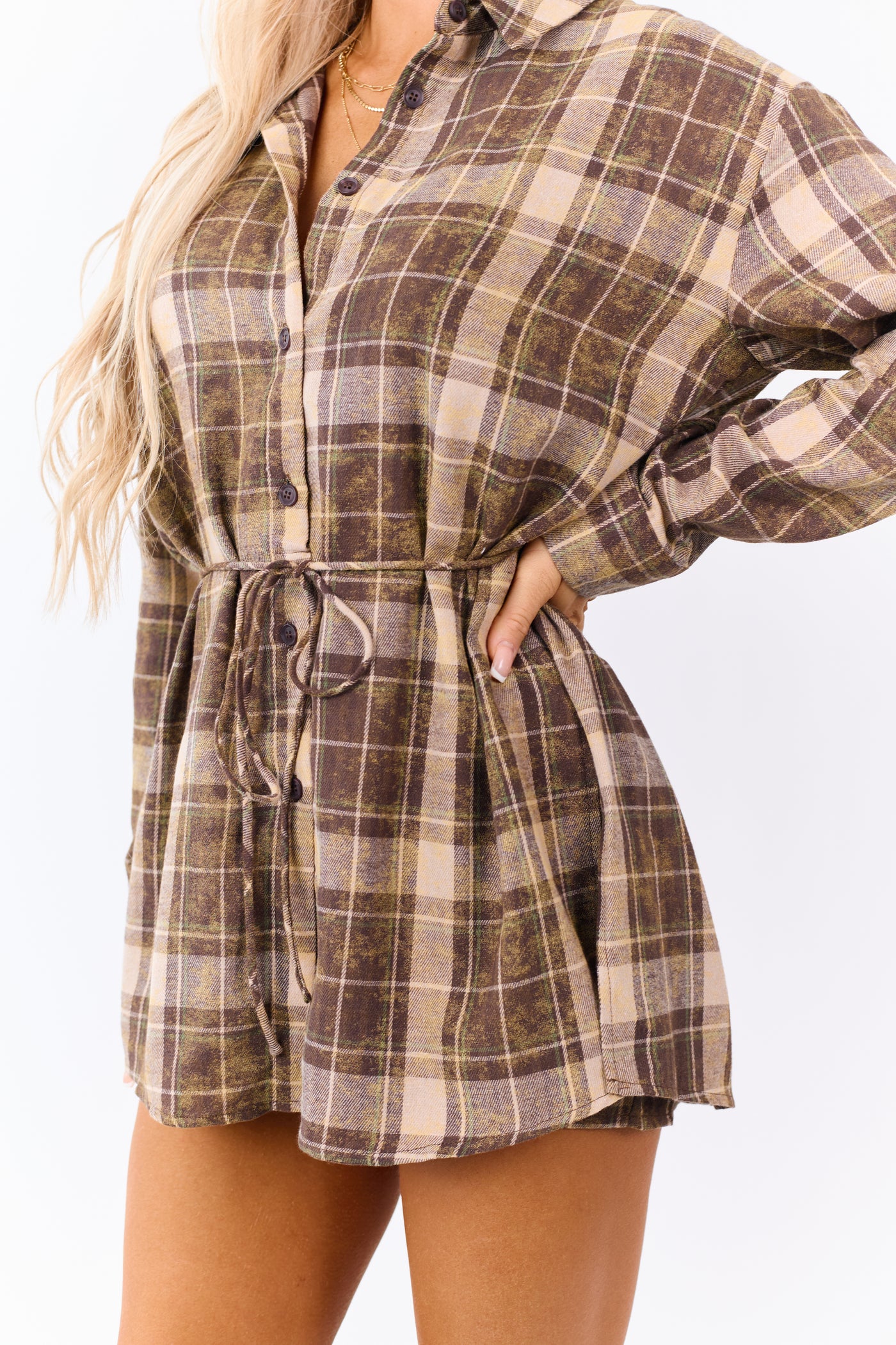 Washed Coffee Plaid Dress Style Flannel Romper