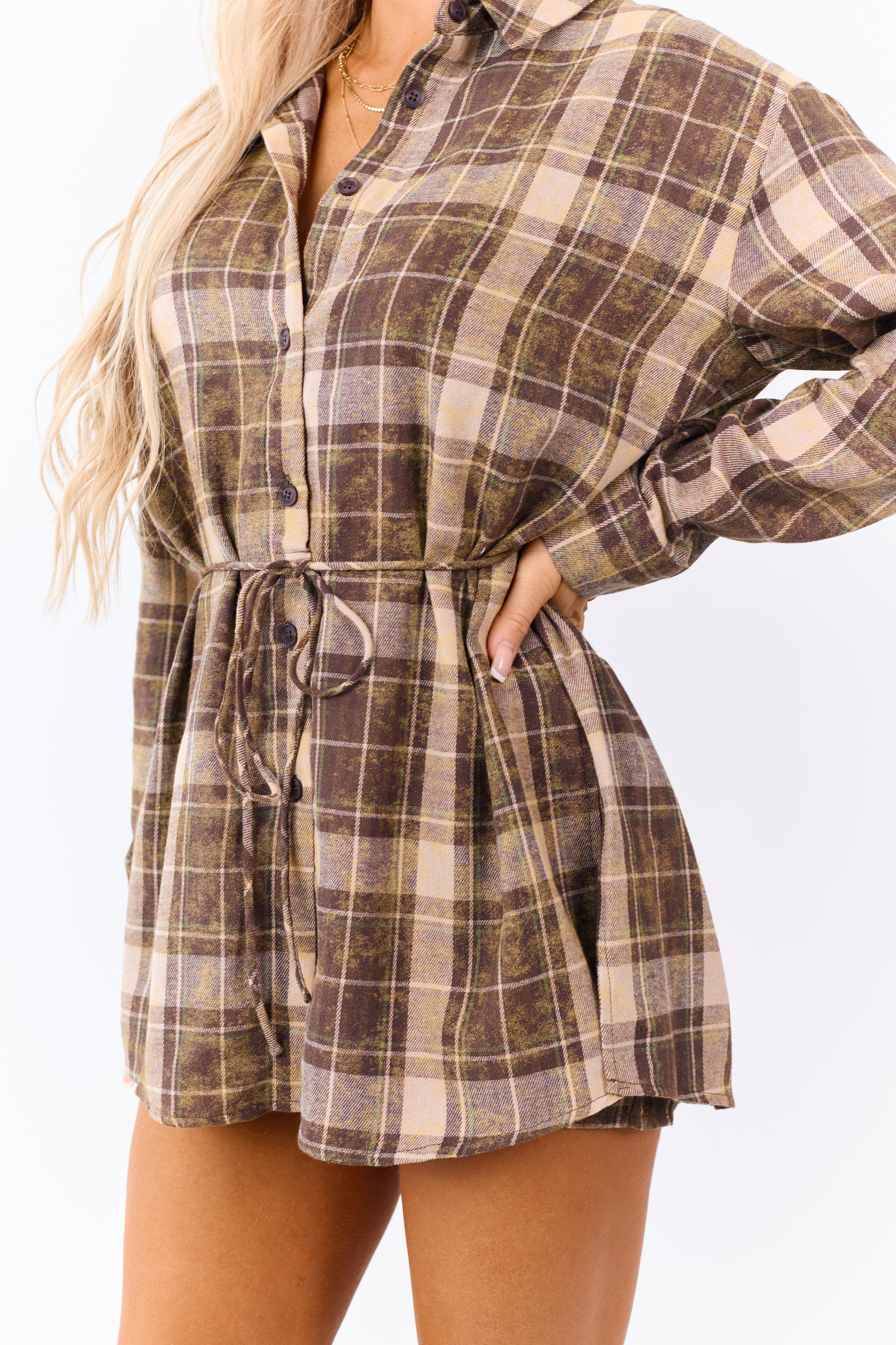Washed Coffee Plaid Dress Style Flannel Romper