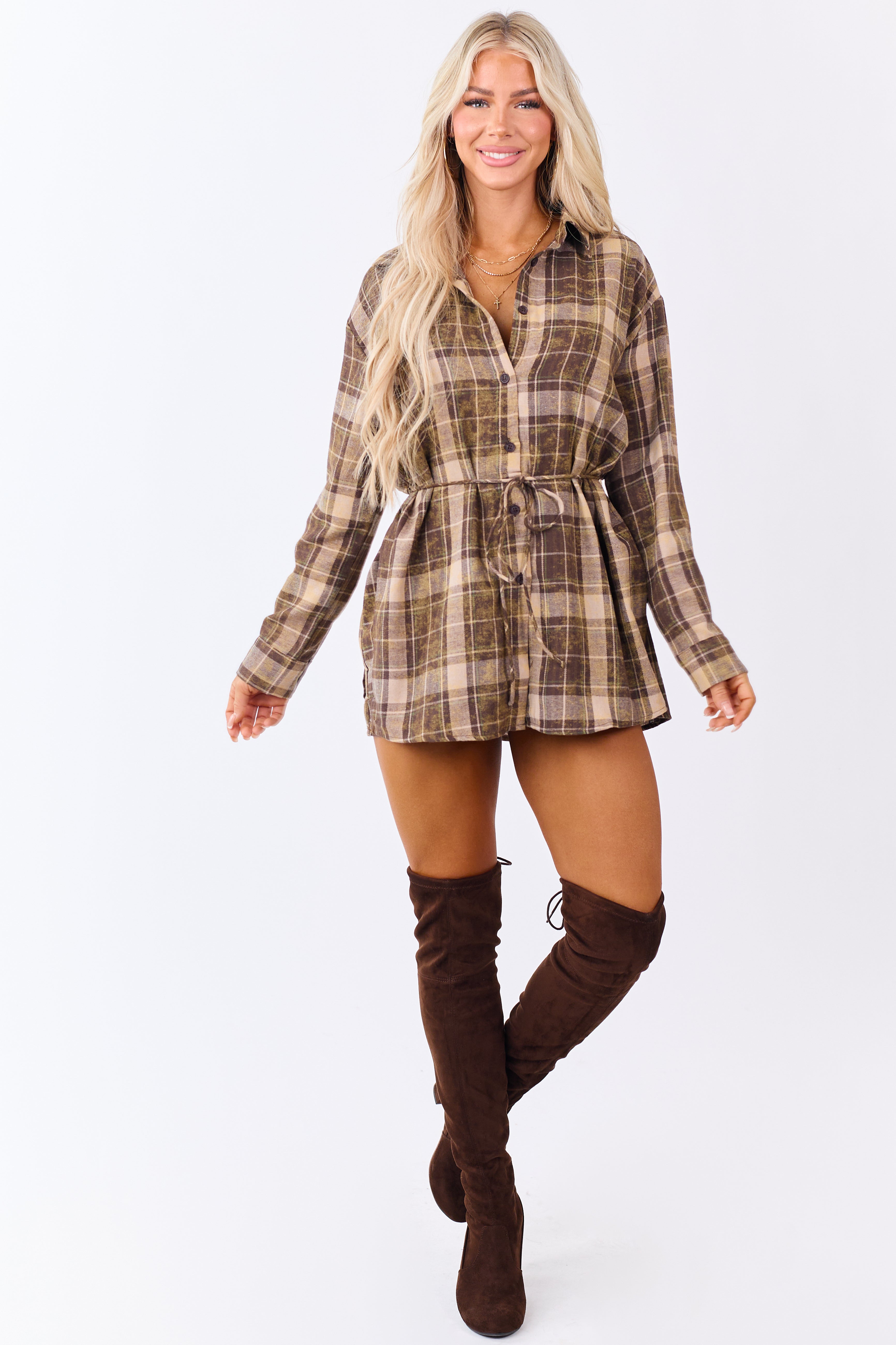 Washed Coffee Plaid Dress Style Flannel Romper